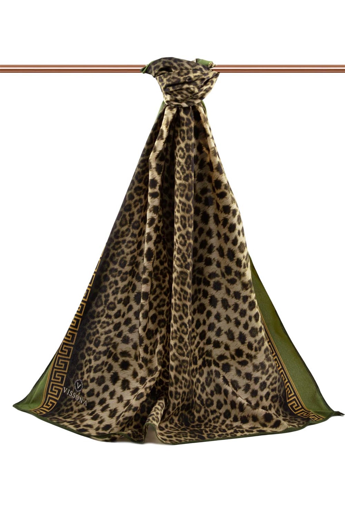 LÜKS MEDİNE BAROK BARDÜRLÜ LEOPAR DESENLİ BEJ - HAKİ RENKLİ 75X195 KIRIŞMAZ ŞAL MOSS KREP DİKİŞ TİPİ İTALYAN DİKİŞLİ