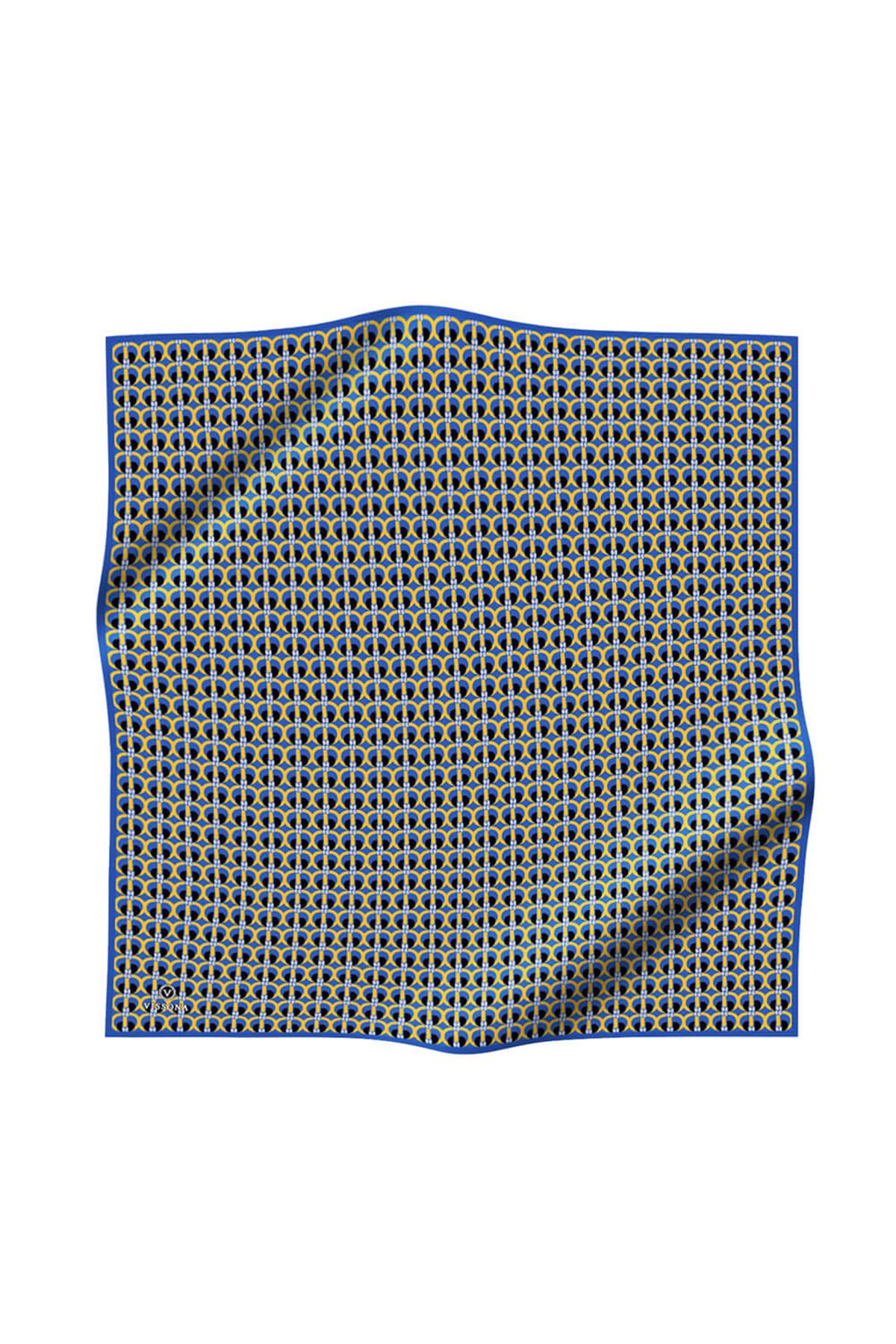 %100 Twill İpek Geometrik Desenli Saks - Gold Renkli 90x90 Eşarp Dikim Şekli : El Dikişi