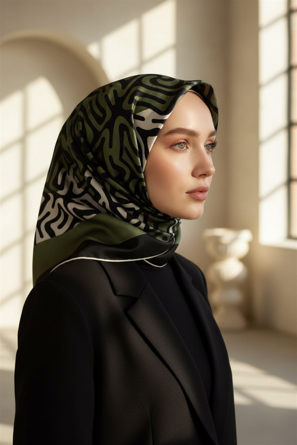 100% Twill İpek Bordürlü Dalga Desenli Siyah - Haki Renkli 90x90 Dikim Şekli : El Dikişi Eşarp