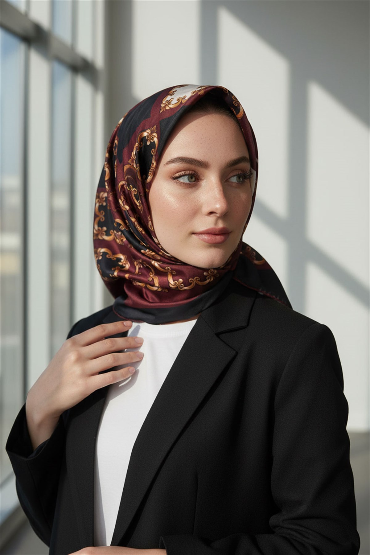 Twill Gold Detaylı Kare Desenli Siyah - Bordo Renkli 90x90 Eşarp (İpek İçermez) Kenar Dikiş Şekli El Dikişli