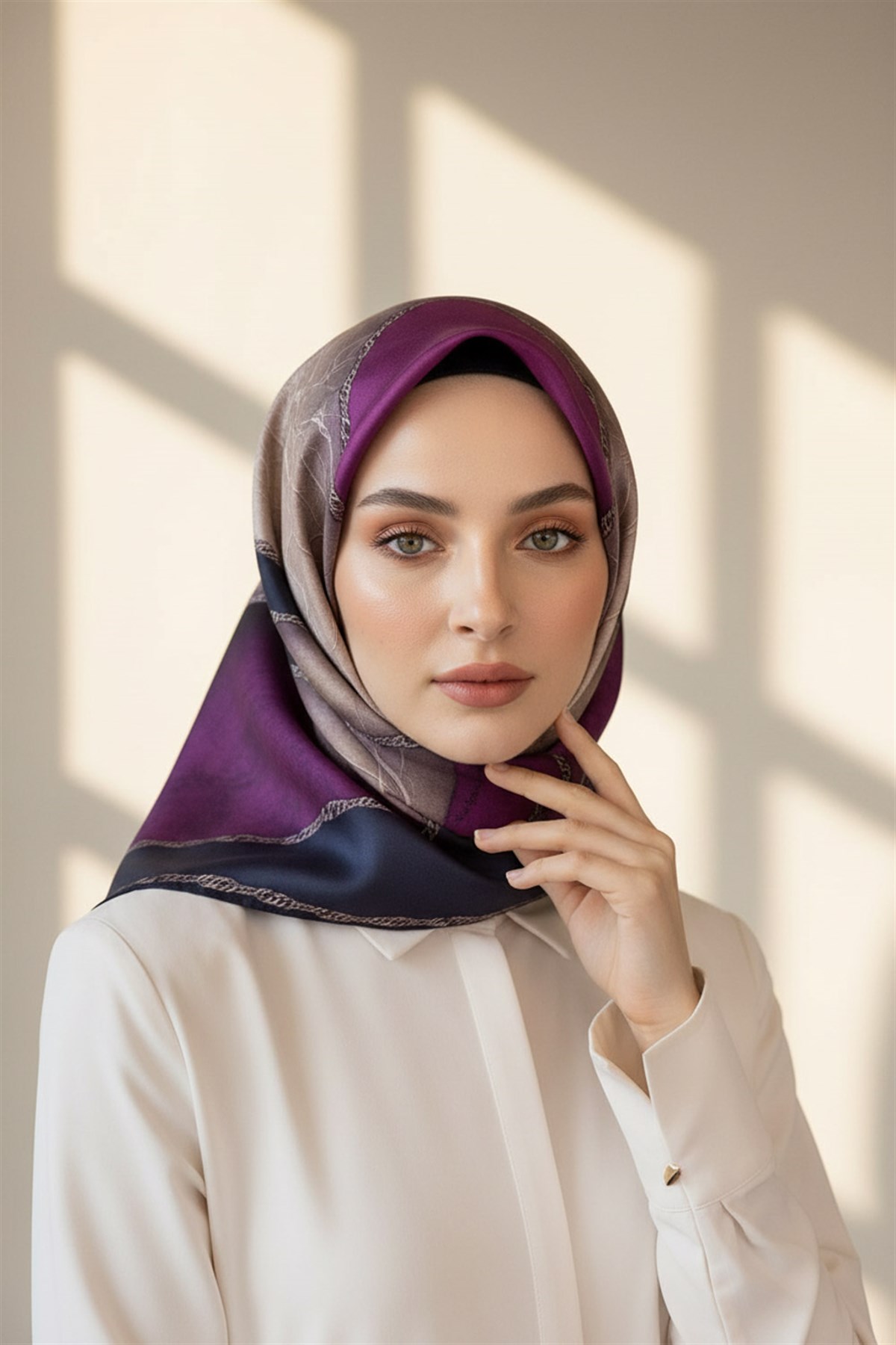 %100 Twill İpek Dokulu Geometrik Desenli Mürdüm - Lacivert Renkli 90x90 Eşarp Dikim Şekli : El Dikişi