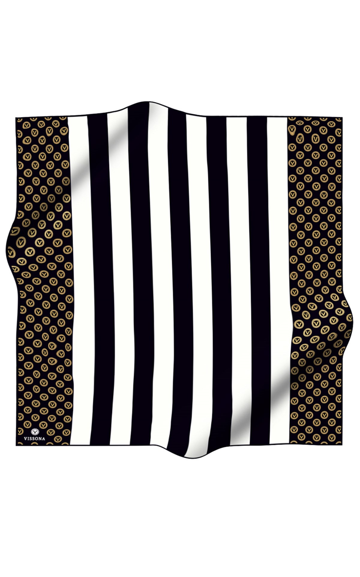 %100 Twill İpek Monogram Şerit Desenli Siyah - Krem Renkli 90x90 Eşarp Dikim Şekli : El Dikişi
