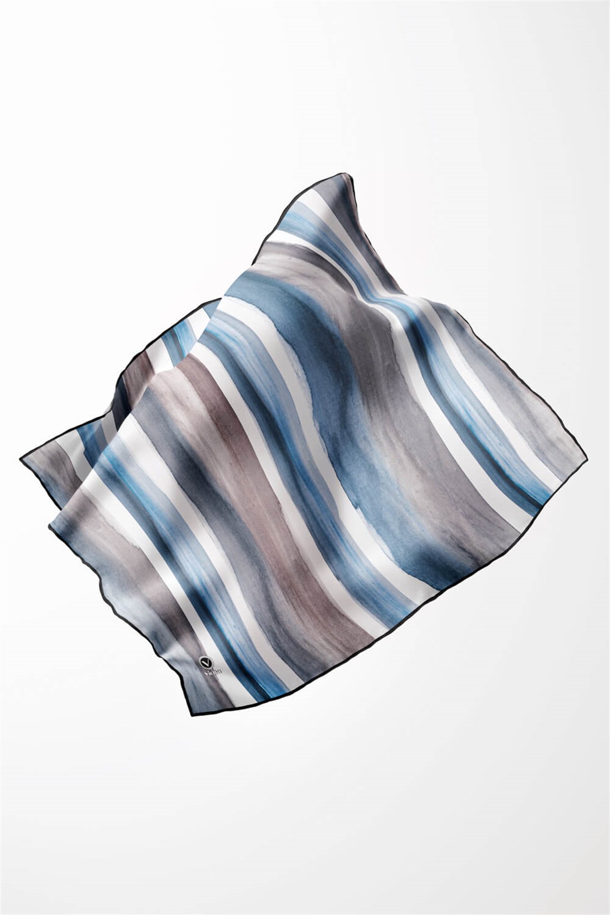Twill Suluboya Çizgi Desenli Buz Mavisi - Gri Renkli 90x90 Eşarp (İpek İçermez) Kenar Dikiş Şekli El Dikişli