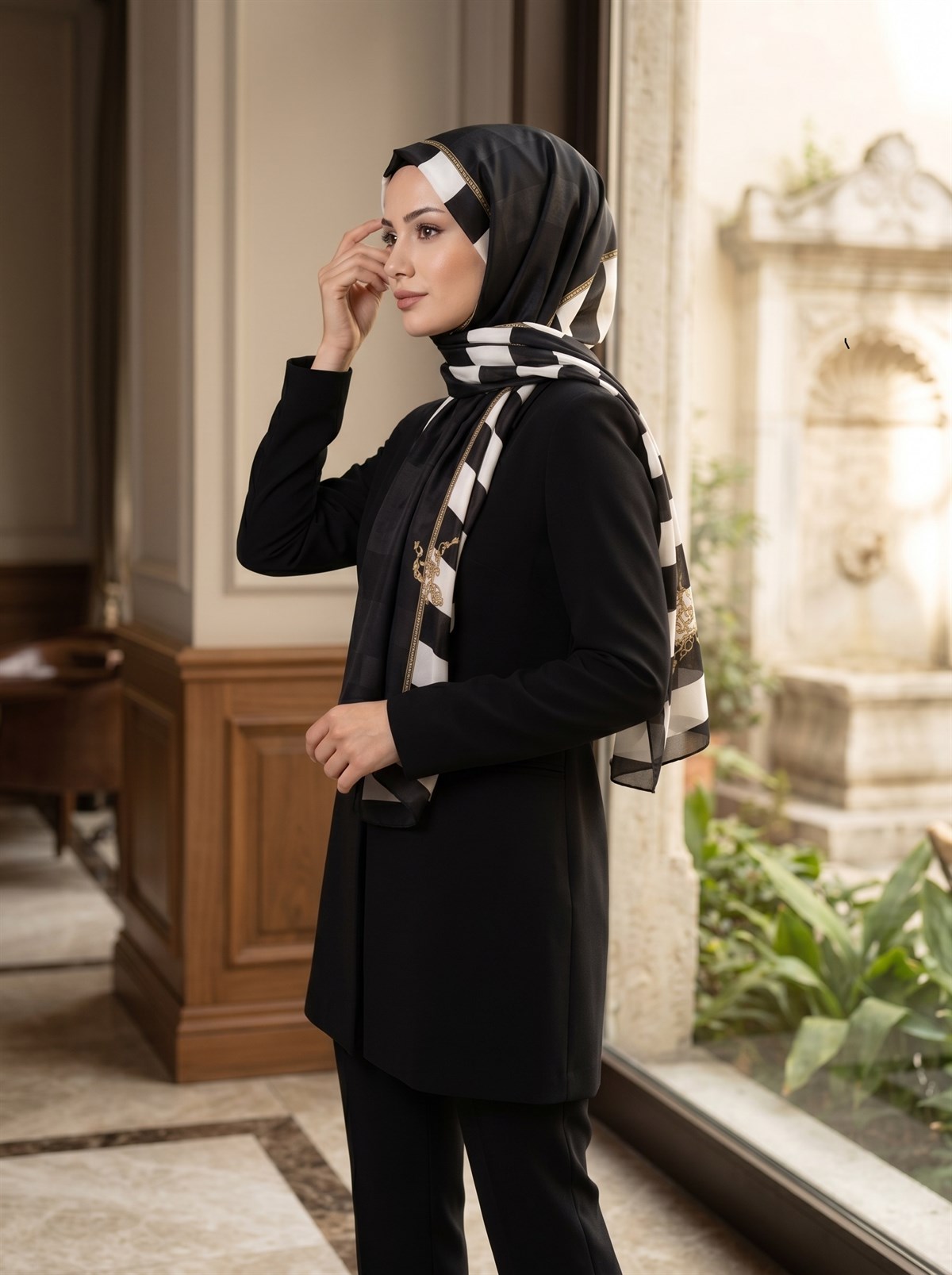 %100 Saf İpek Şal İnce Saten Vual Dokuma Çizgili Ve Varak Desenli Siyah - Krem Renkli 90x210 Şal