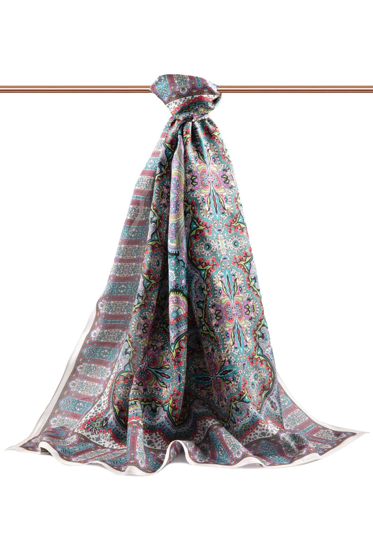 100% İpek Etnik Desenli Beyaz - Fuşya Renkli 92x210 Şal