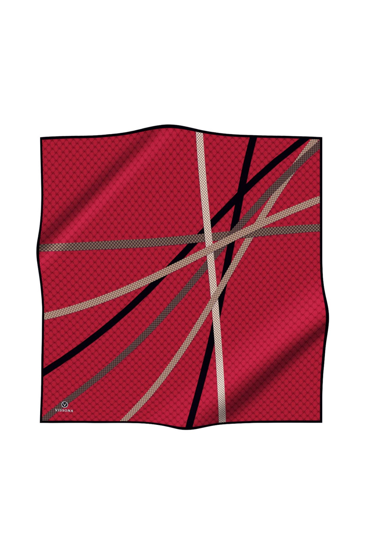 %57 İPEK %43 VİSKON Twill İpek Monogram Ve Şerit Desenli Bordo - Siyah Renkli 90x90 Eşarp Dikim Şekli : El Dikişi