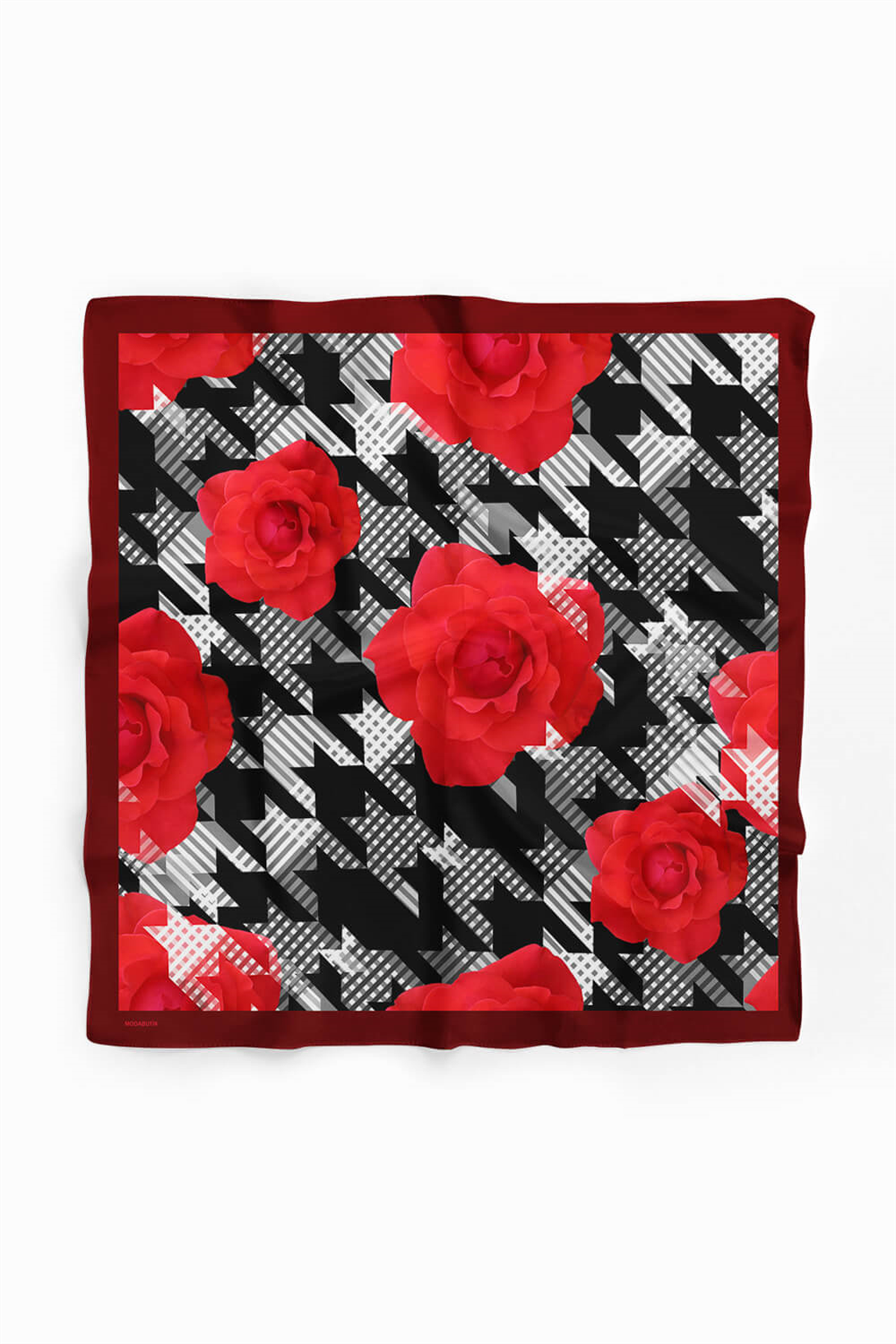 V19 Kadın Gül Desenli Bandana 50x50 Kırmızı Siyah Beyaz DG0441-22