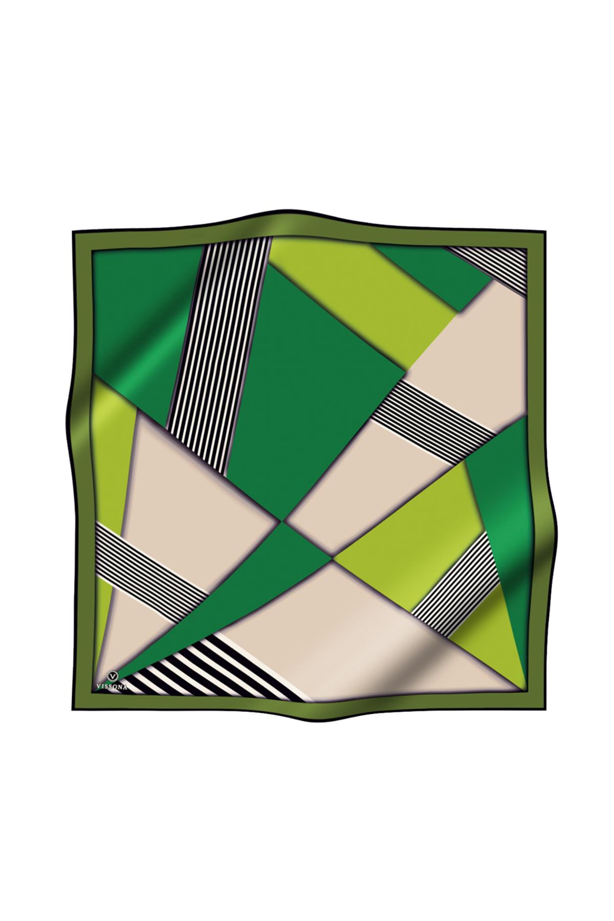 %100 Twill İpek Çizgili ve Geometrik Desenli Zümrüt Yeşili - Haki Renkli 90x90 Eşarp Dikim Şekli : El Dikişi