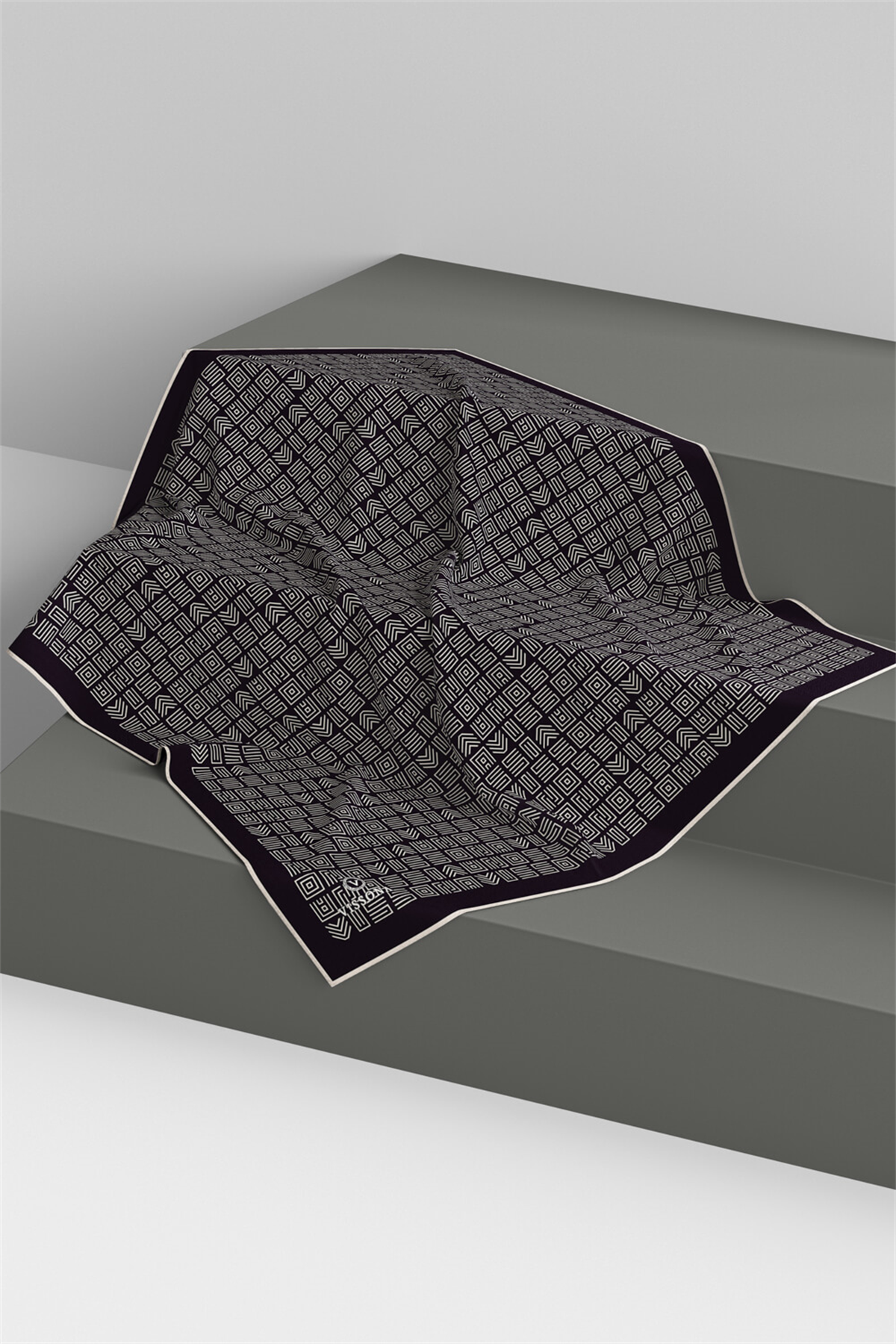 %57 İPEK % 43 VİSKON Twill İpek Etnik Motif Desenli Siyah - Krem Renkli 90x90 Dikim Şekli : El Dikişi Eşarp