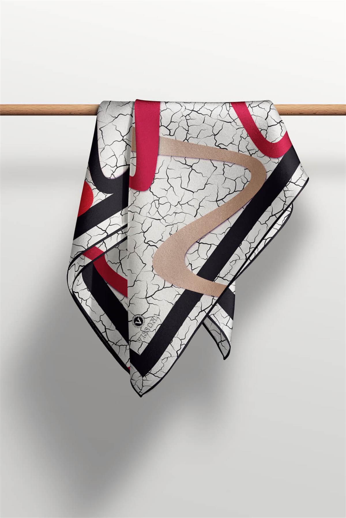 %100 Twill İpek Geometrik Ve Çatlak Desenli Bordo - Siyah Renkli 90x90 Eşarp Dikim Şekli : El Dikişi