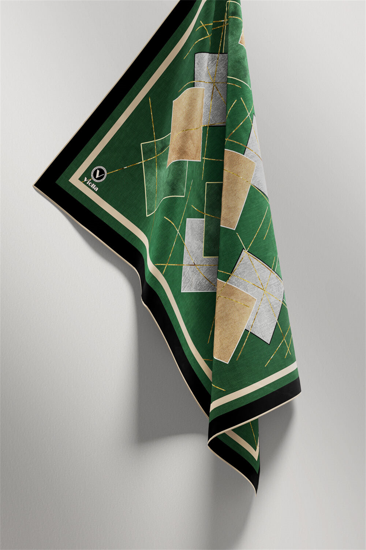Twill Geometrik Desenli Petrol Yeşili Renkli 90x90 Eşarp (İpek İçermez) Kenar Dikiş Şekli El Dikişli