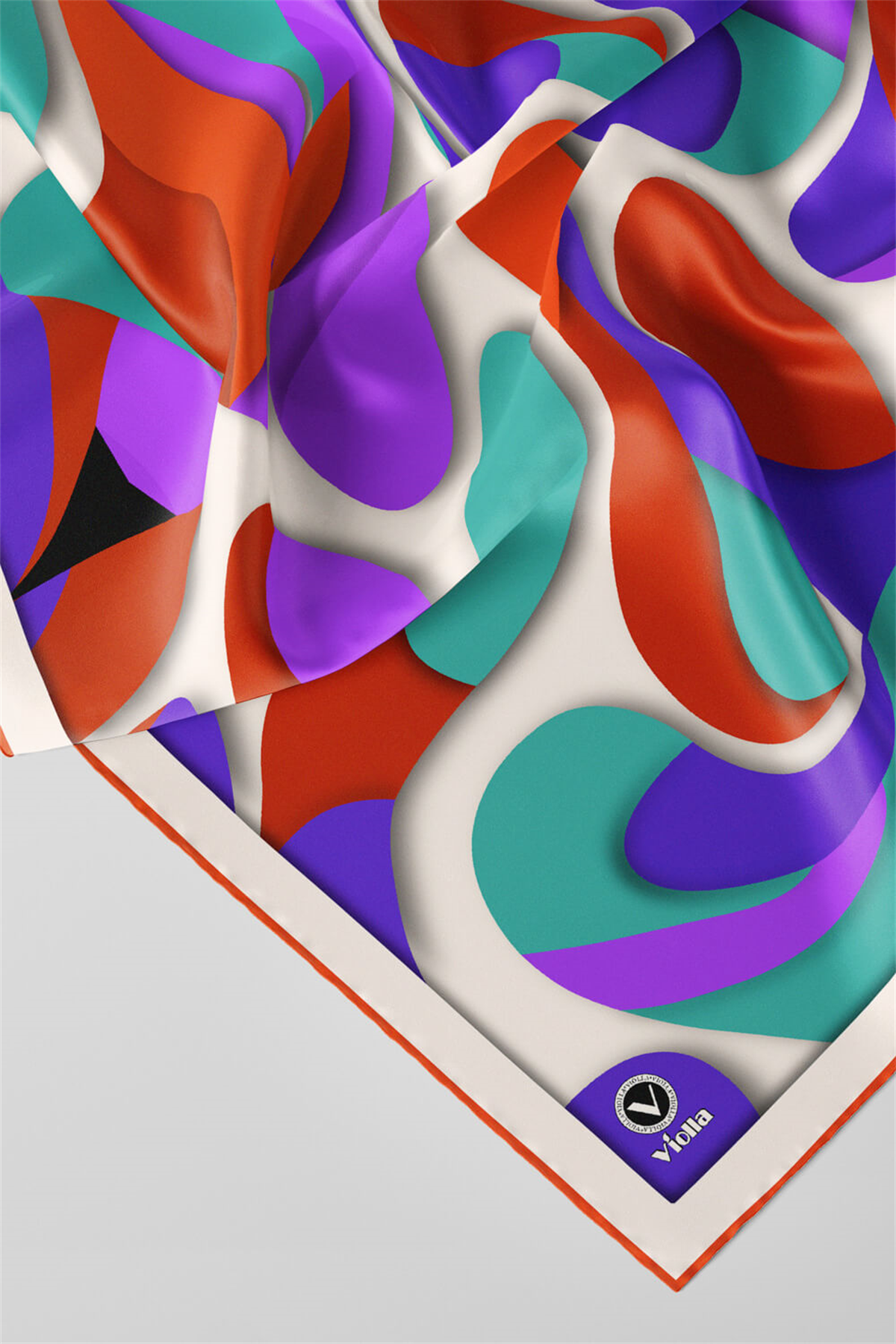 Twill Soyut Geometrik Desenli Taba - Mor Renkli 90x90 Eşarp (İpek İçermez) Dikim Şekli : El Dikişi