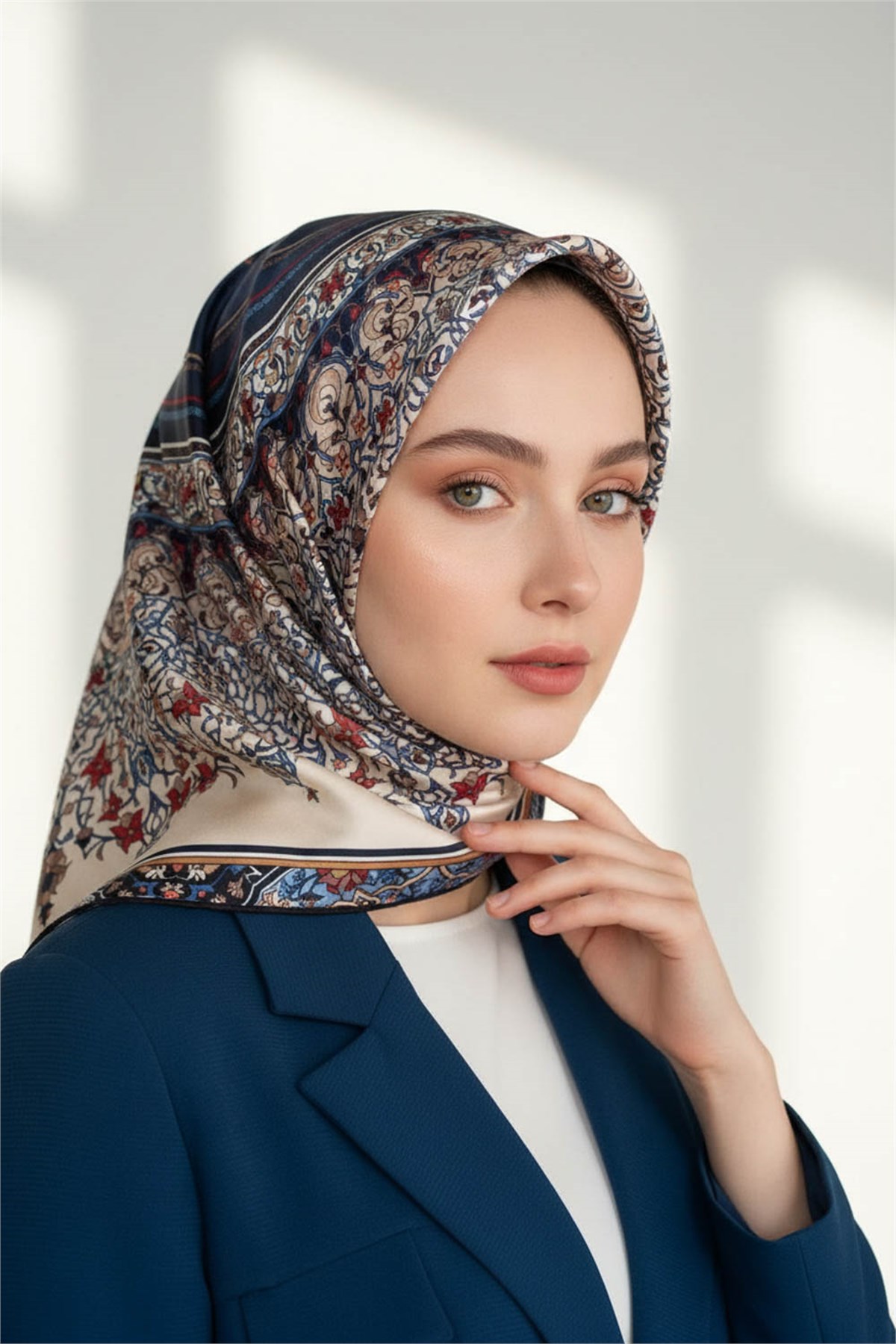 %100 Twill İpek Şal Desenli Lacivert Renkli 90x90 Eşarp Dikim Şekli : El Dikişi