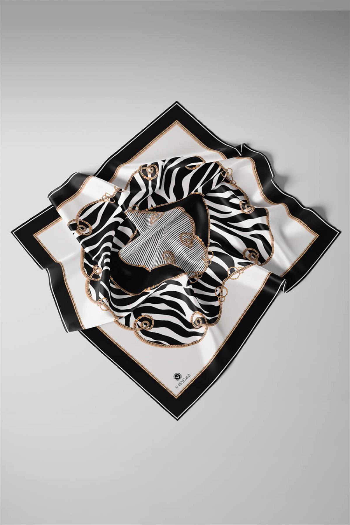 %100 Twill İpek Zincirli Ve Zebra Desenli Krem - Siyah Renkli 90x90 Eşarp Dikim Şekli : El Dikişi