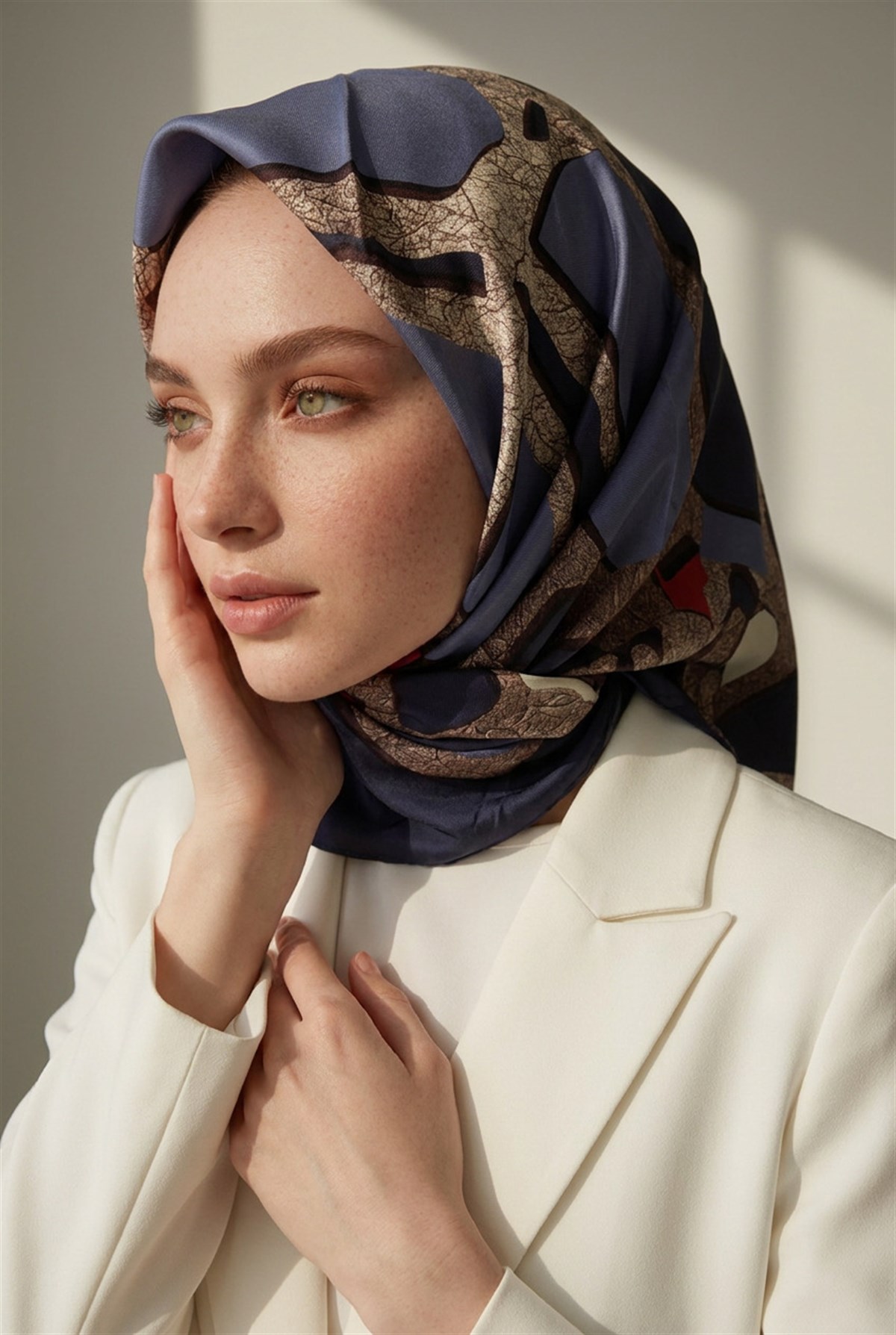 % 57 İPEK % 43 VİSKON Twill İpek Gold Efektli Geometrik Desenli Lacivert - Bordo Renkli 90x90 Eşarp Dikim Şekli : El Dikişi