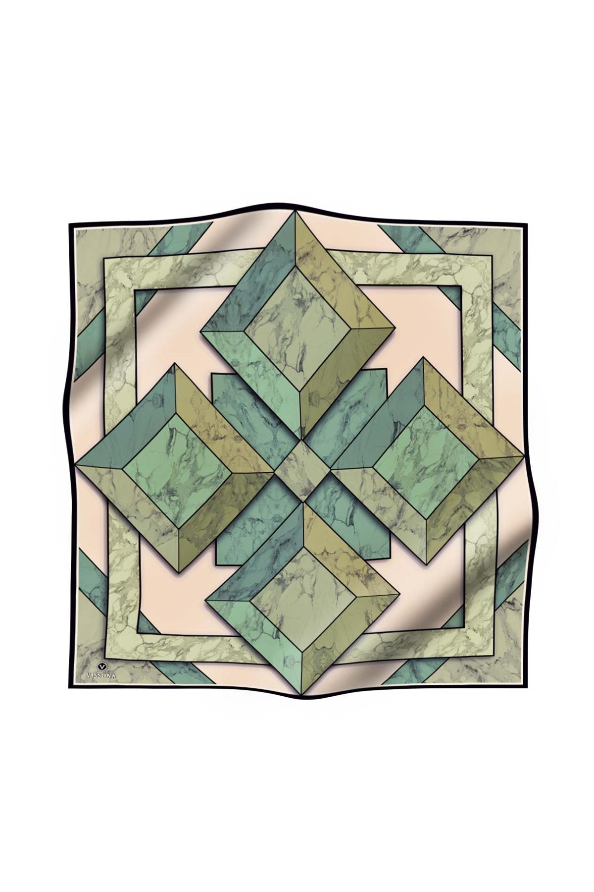 %100 Twill İpek Mermer Desenli Mint Yeşili - Haki Renkli 90x90 Eşarp Dikim Şekli : El Dikişi