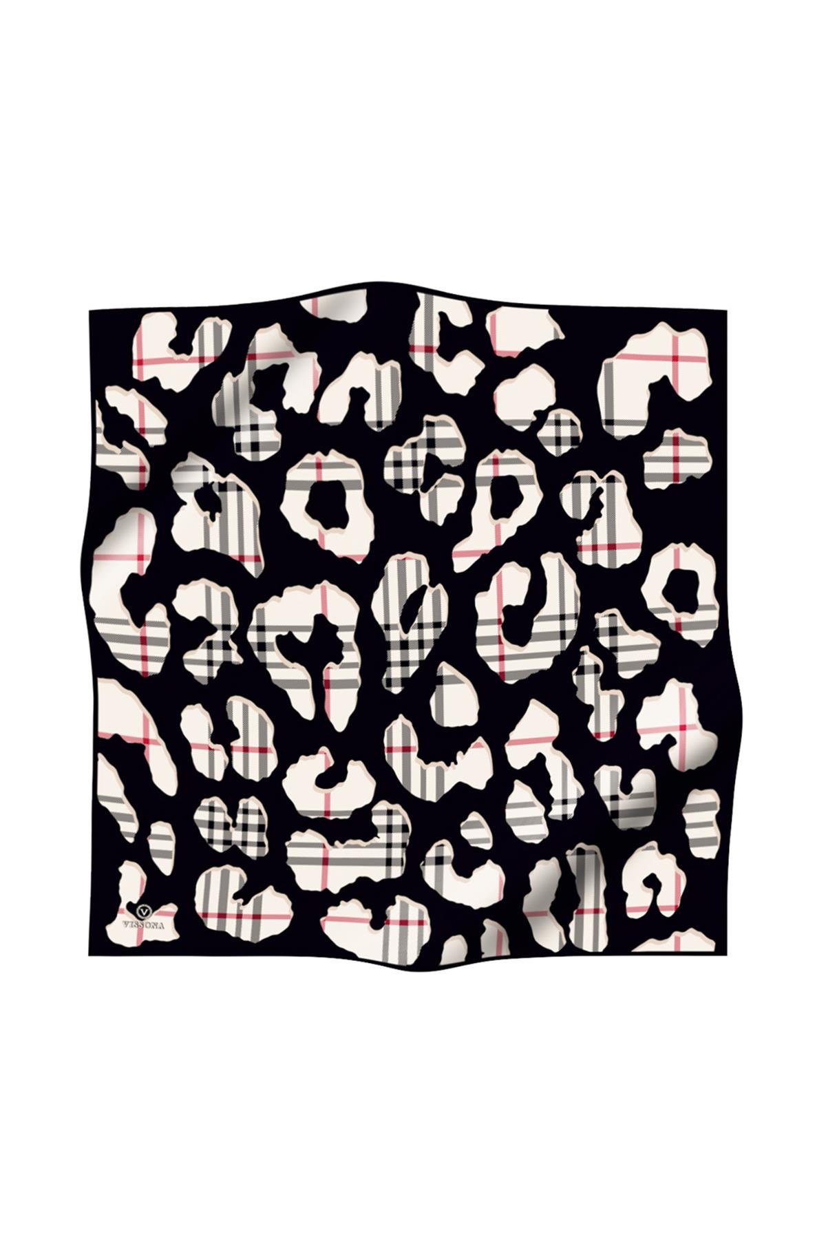 %100 Twill İpek Leopar Desenli Siyah - Krem Renkli 90x90 Eşarp Dikim Şekli : El Dikişi