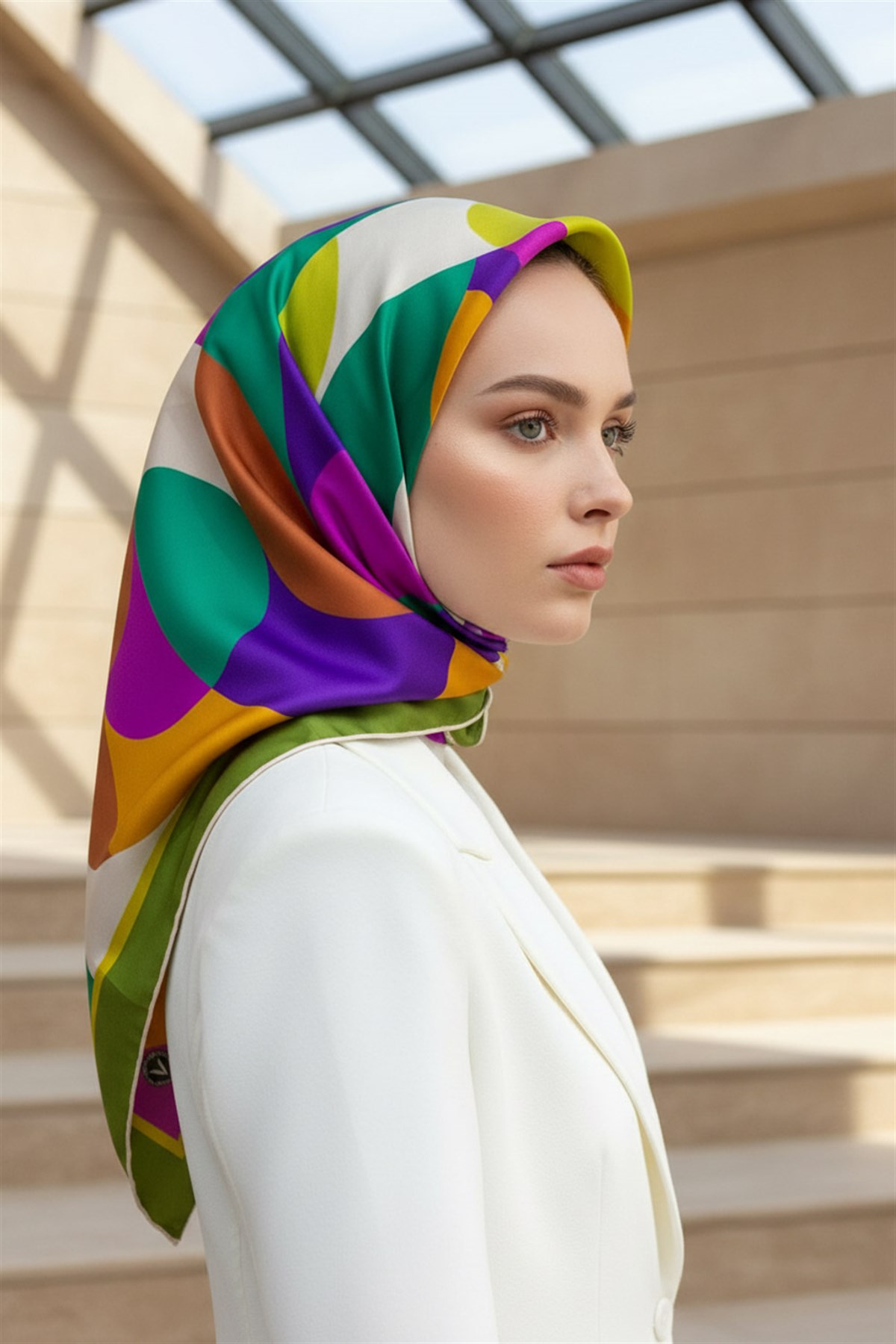 %100 Twill Renk Bloklu Çizgili Desenli Haki - Mor Renkli 90x90 Eşarp Dikim Şekli: El Dikişii