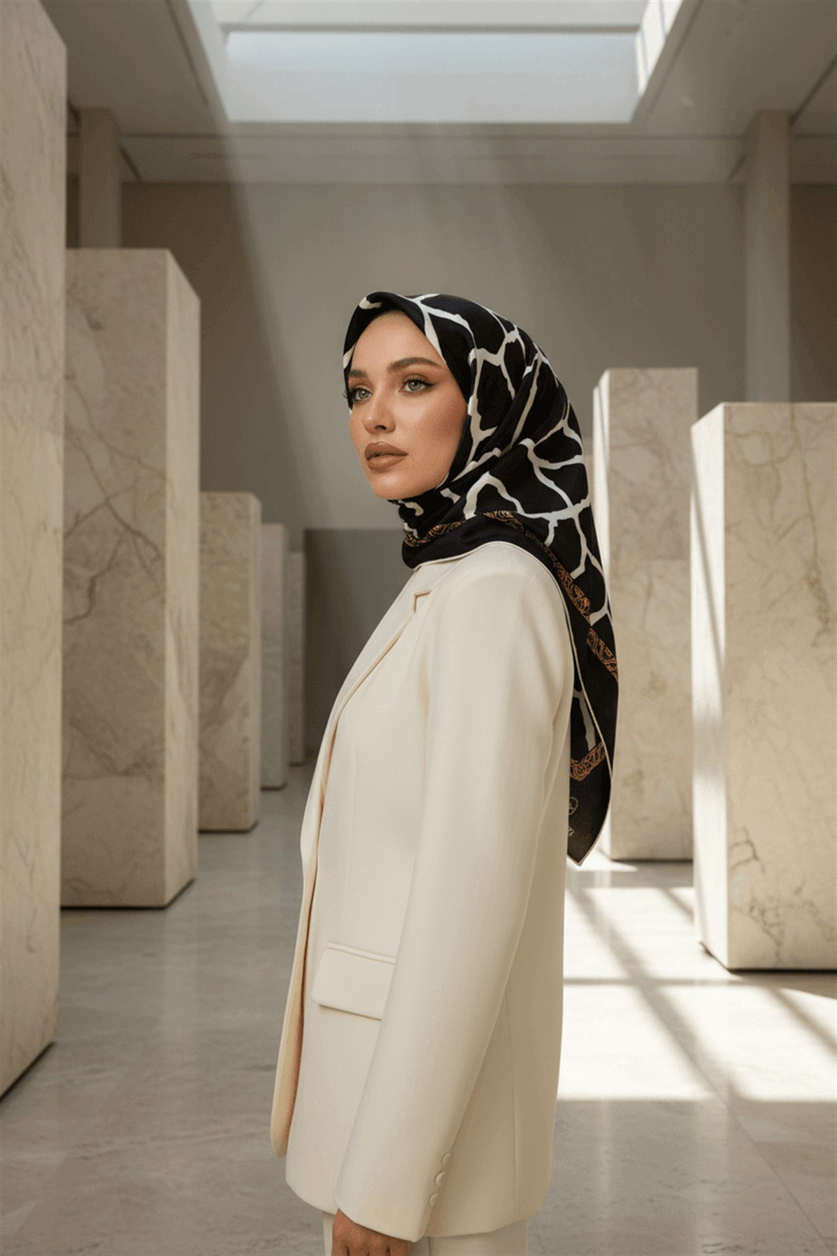 %100 Twill Taş Desenli Siyah - Krem Renkli 90x90 Eşarp Dikim Şekli: El Dikişi