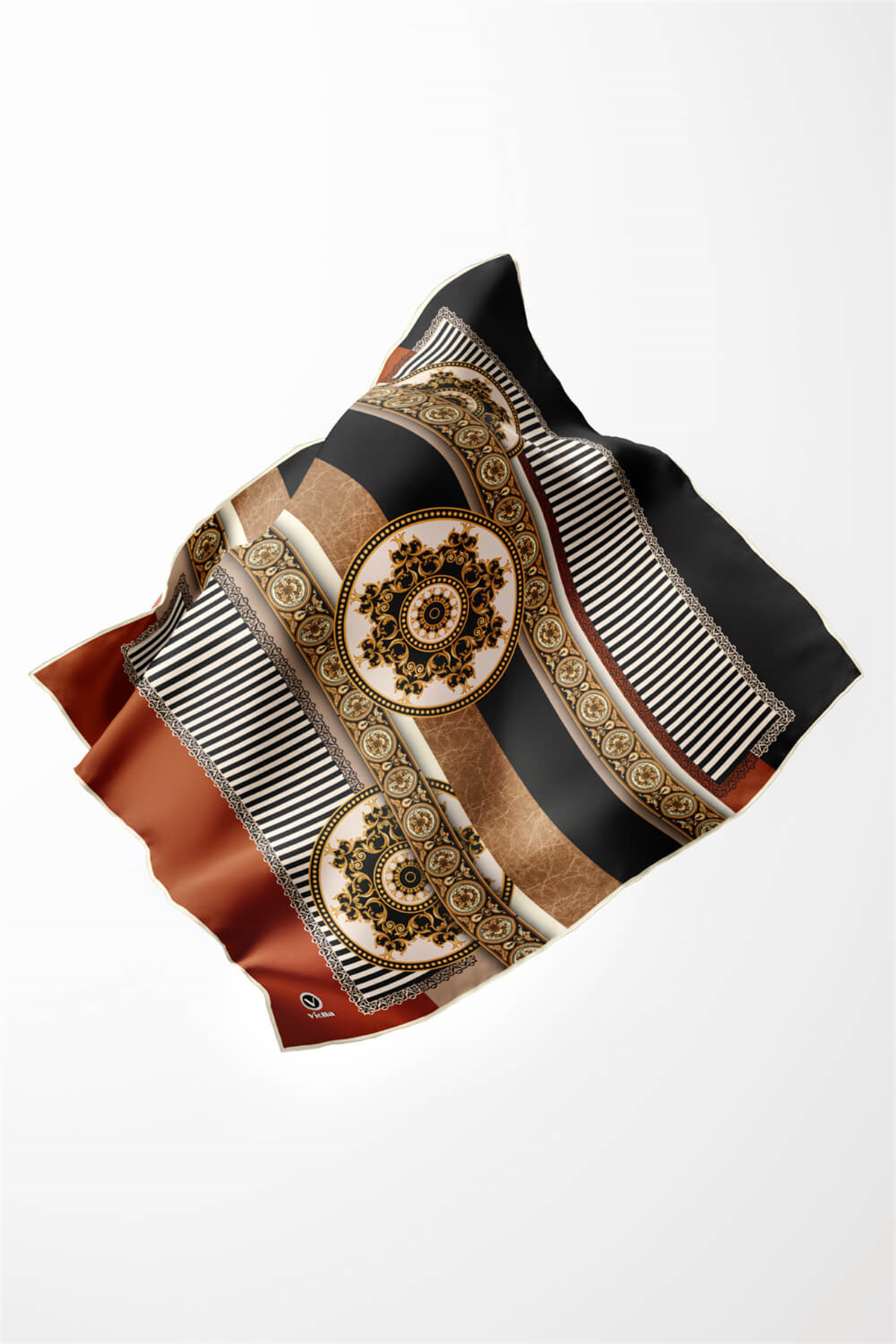 Twill Çizgili ve Barok Desenli Taba Renkli 90x90 Eşarp (İpek İçermez) Kenar Dikiş Şekli El Dikişli