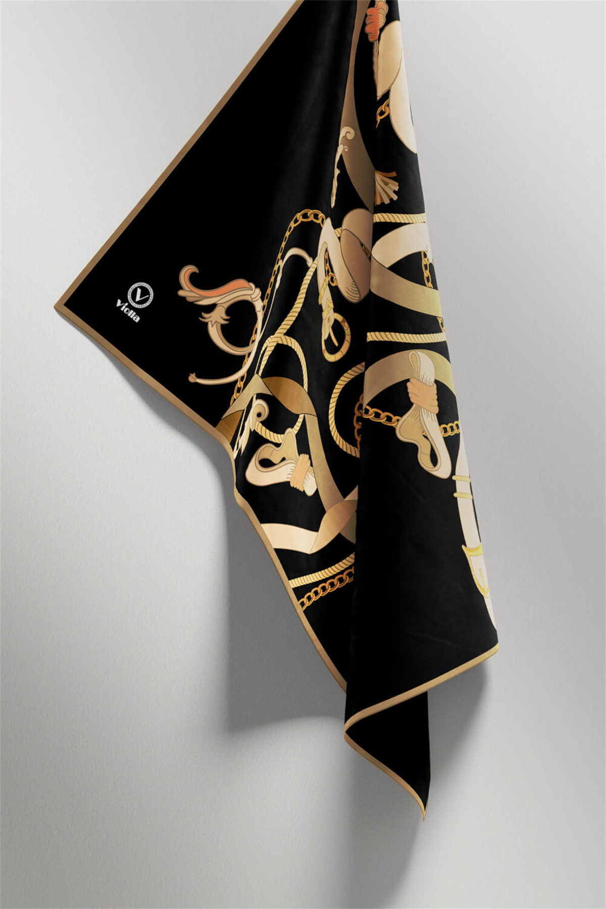 Twill Kemerli Ve Zincir Desenli Siyah Renkli 90x90 Eşarp (İpek İçermez) Kenar Dikiş Şekli El Dikişli