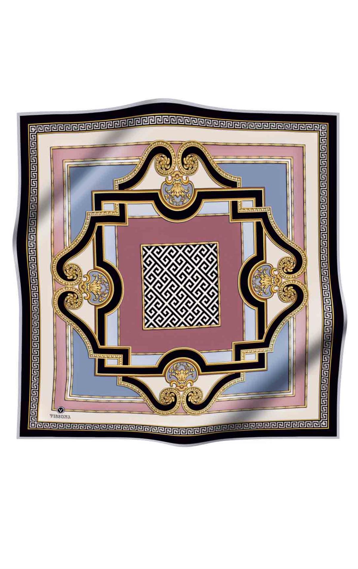 %100 Twill İpek Barok Desenli Pudra - Gri Renkli 90x90 Eşarp Dikim Şekli : El Dikişi