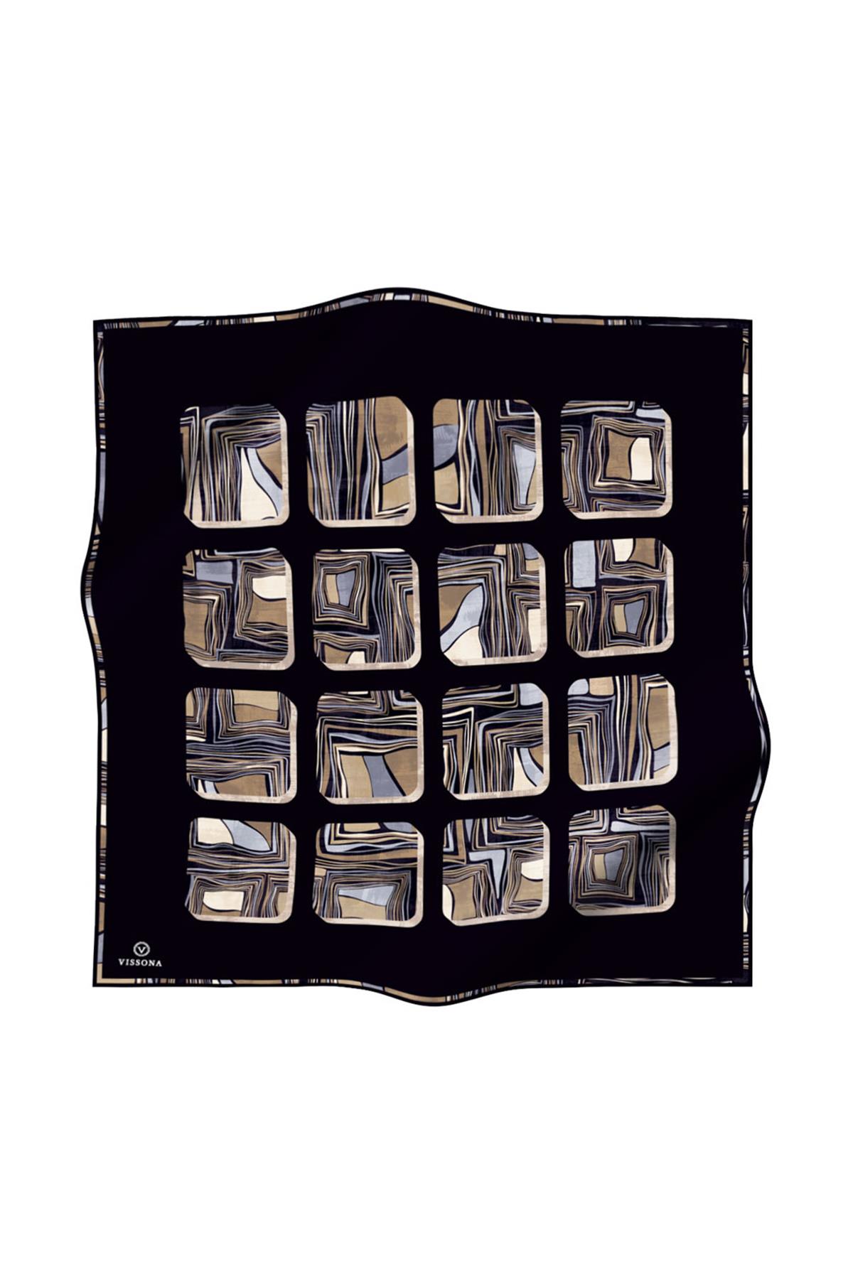 %100 Twill İpek Geometrik Kare Desenli Siyah - Gri Renkli 90x90 Eşarp Dikim Şekli : El Dikişi