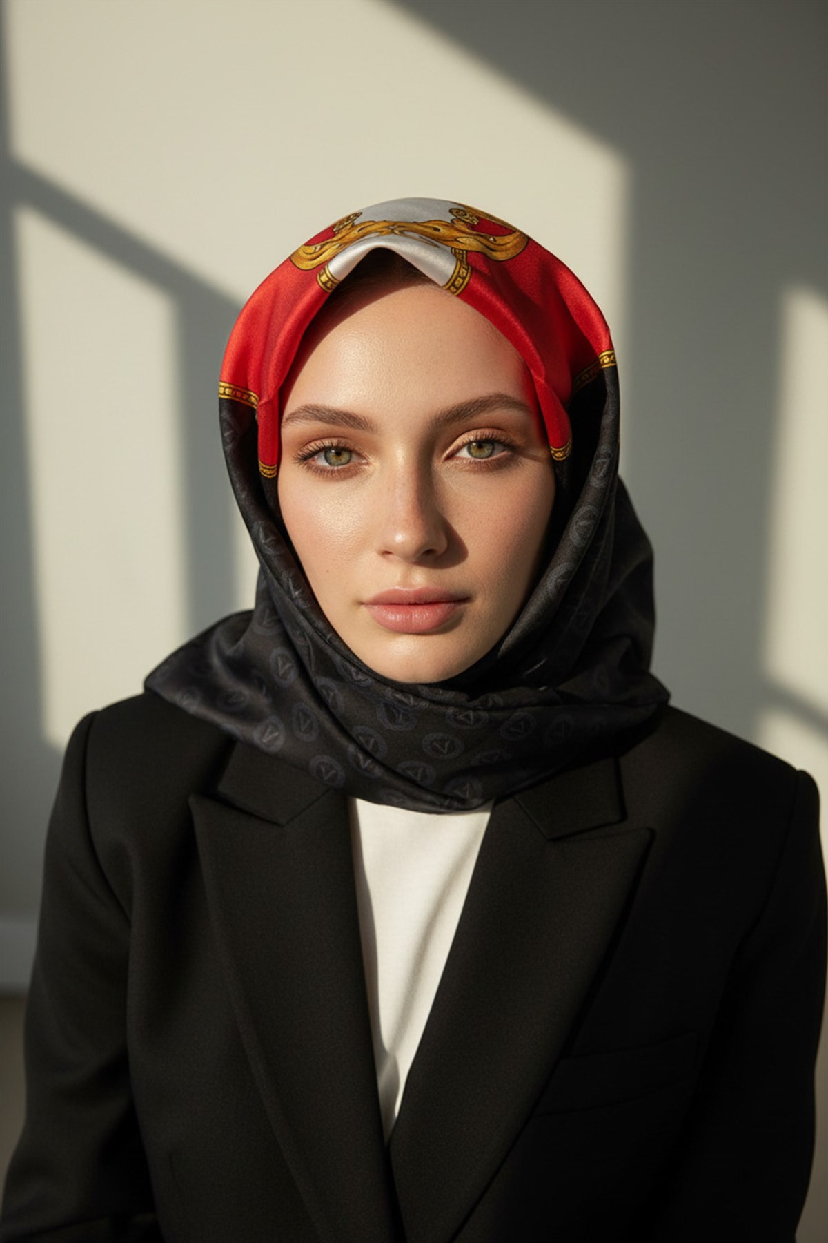 %100 Twill İpek Monogram Ve Barok Desenli Siyah - Kırmızı Renkli 90x90 Eşarp Dikim Şekli : El Dikişi