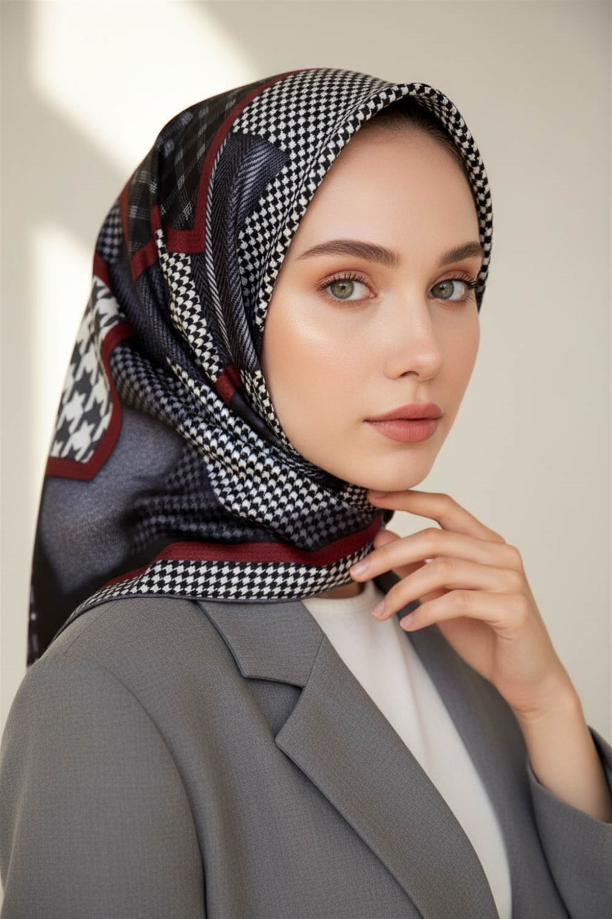 %100 Twill İpek Kazakayaklı Ve Ekose Desenli Gri - Kırmızı Renkli 90x90 Eşarp Dikim Şekli : El Dikişi