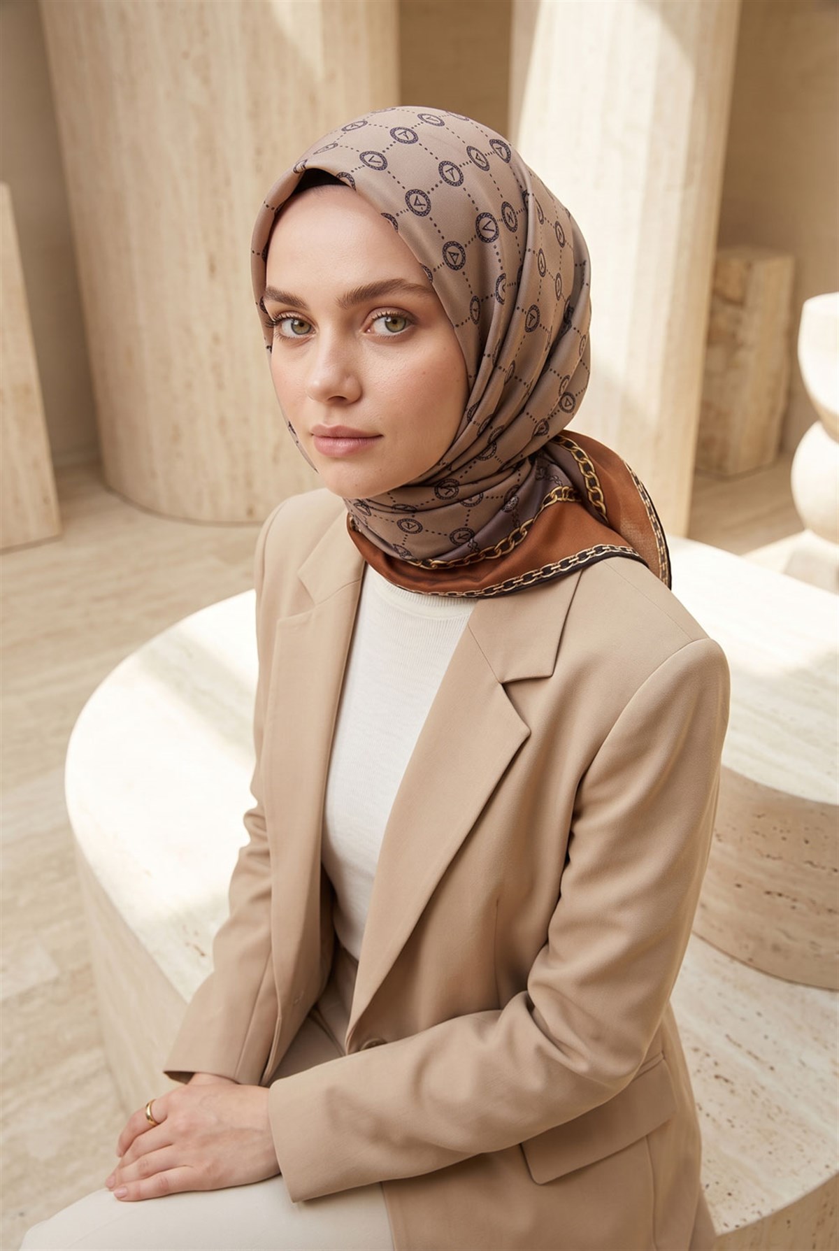 %100 Twill İpek Zincirli Ve Monogram Desenli Bej - Taba Renkli 90x90 Eşarp Dikim Şekli : El Dikişi