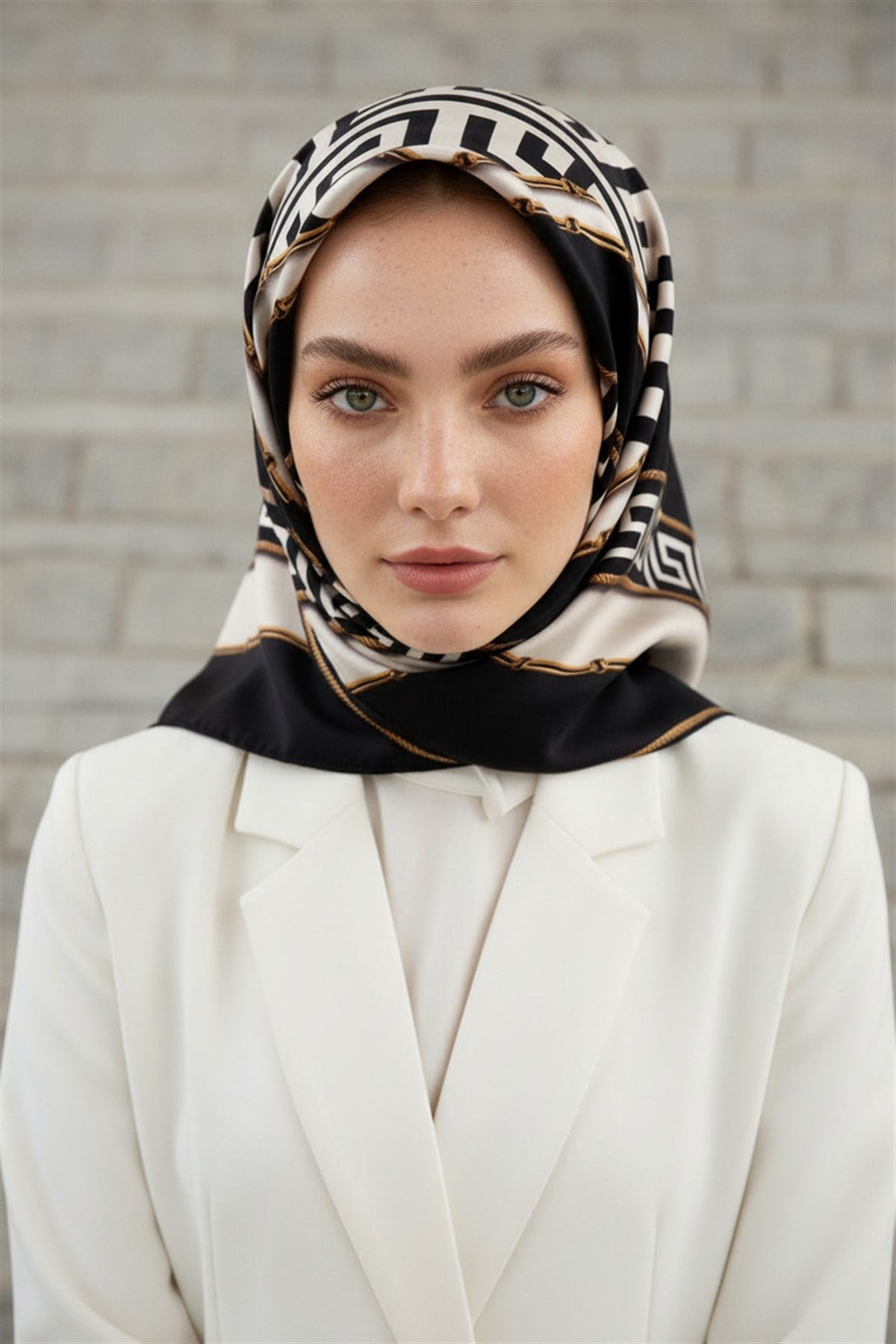 %100 Twill İpek Labirent Ve Geometrik Desenli Siyah - Krem Renkli 90x90 Eşarp Dikim Şekli : El Dikişi