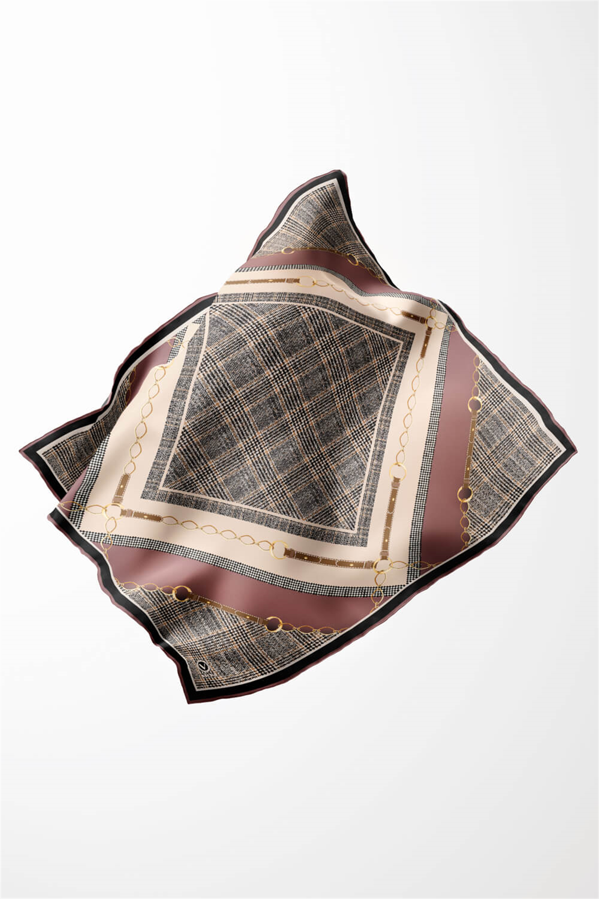 Twill Kemer ve Zincir Detaylı Ekose Desenli Gül Kurusu Renkli 90x90 Eşarp (İpek İçermez) Kenar Dikiş Şekli El Dikişli
