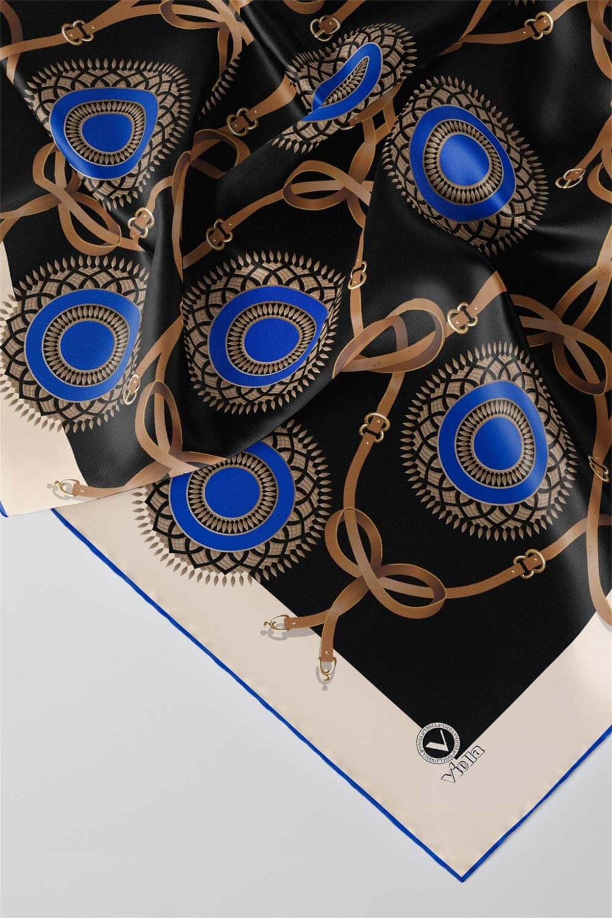 Twill Kemerli Ve Geometrik Desenli Saks Renkli 90x90 Eşarp (İpek İçermez) Kenar Dikiş Şekli El Dikişli