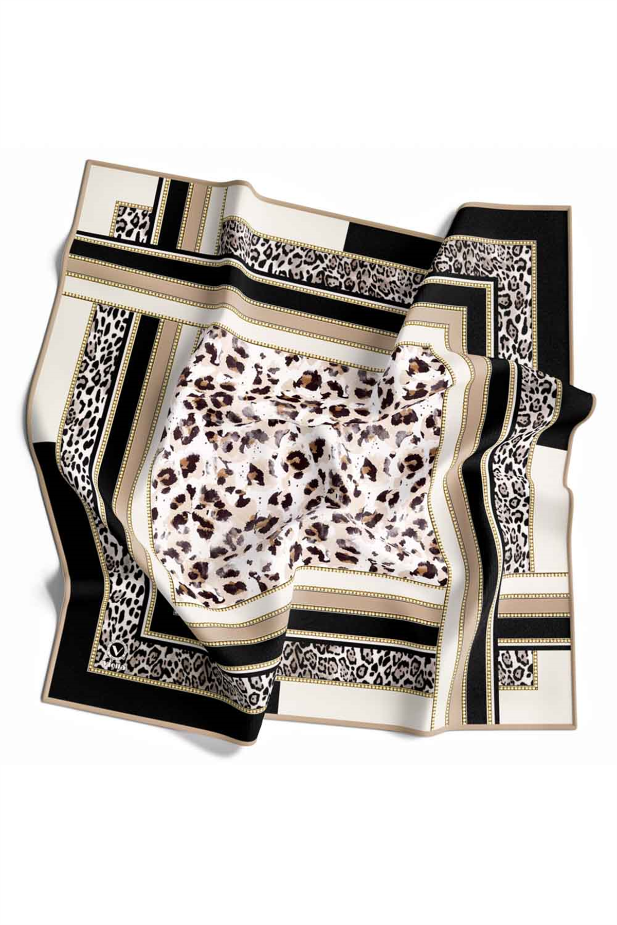 Twill Kemerli ve Leopar Desenli Siyah Renkli 90x90 Eşarp (İpek İçermez) Dikim Şekli : El Dikişi