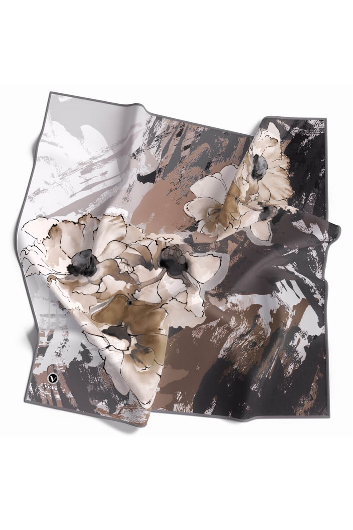 Twill Çiçek Desenli Gri Renkli 90x90 Eşarp (İpek İçermez) Dikim Şekli : El Dikişi
