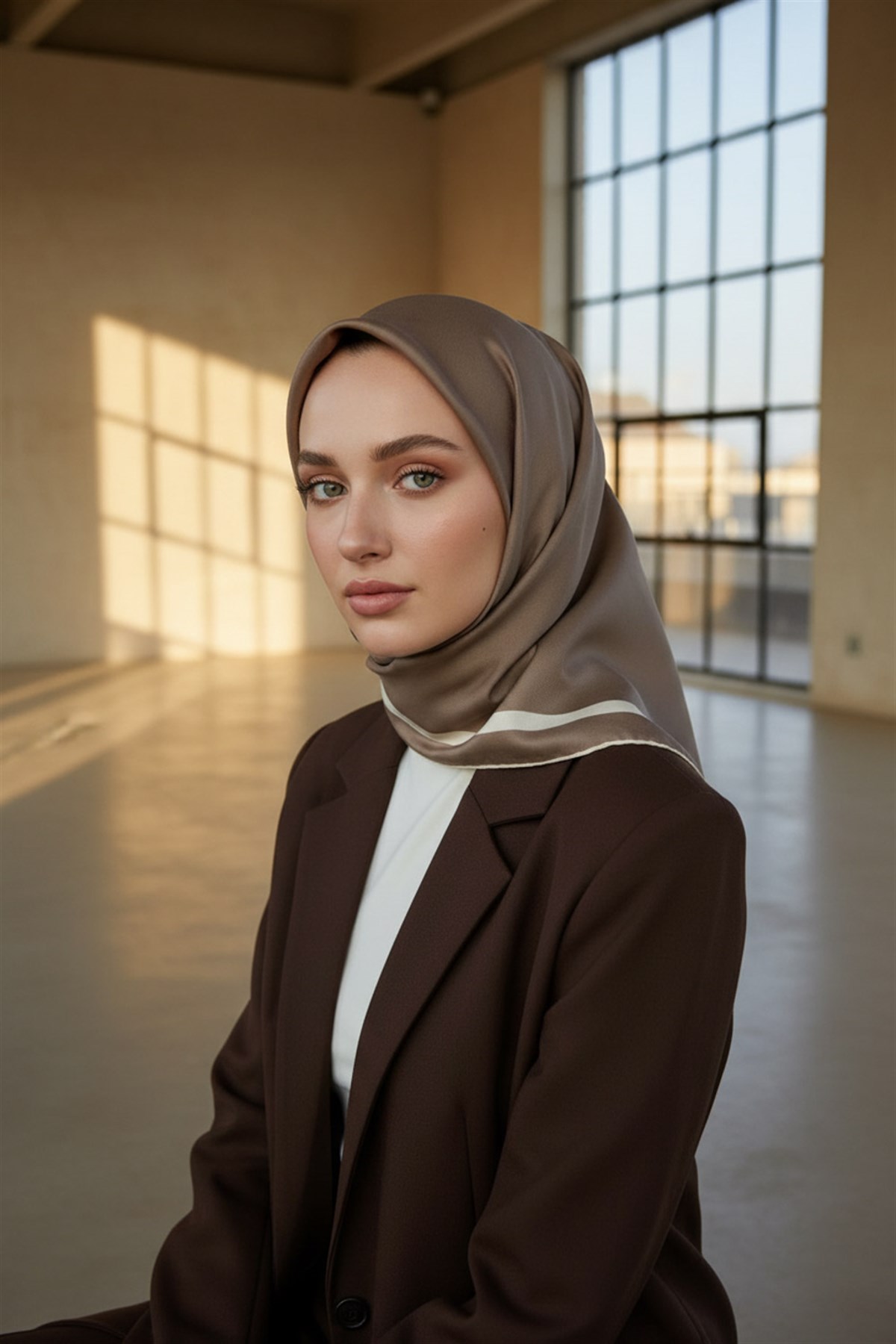 100% Twill İpek Düz Renk Bordür Desenli Taş - Krem Renkli Daha Tok Exclusive Serisi 90x90 Dikim Şekli : El Dikişi Eşarp