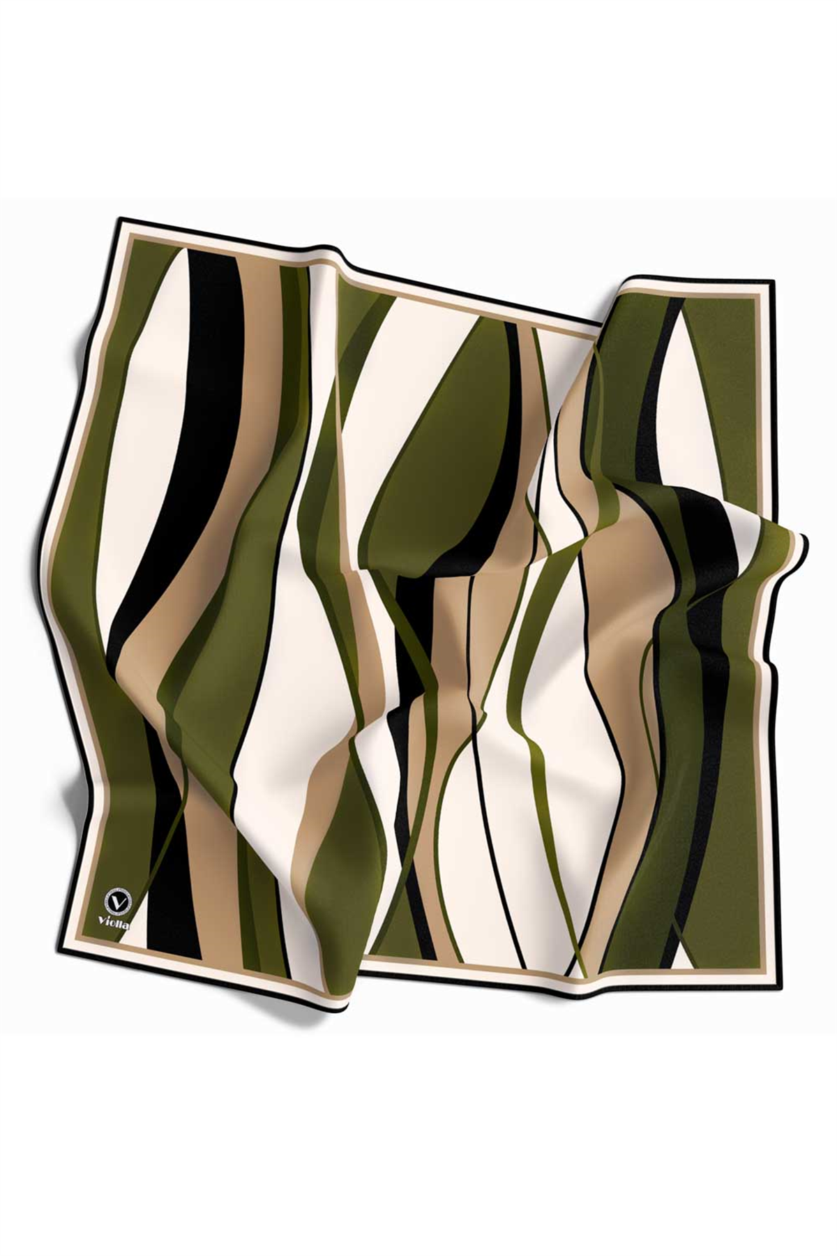 Rayon Modern Dalgalı Çizgi Desenli Haki Renkli 90x90 Dikim Şekli : El Dikişi Eşarp (İpek İçermez)