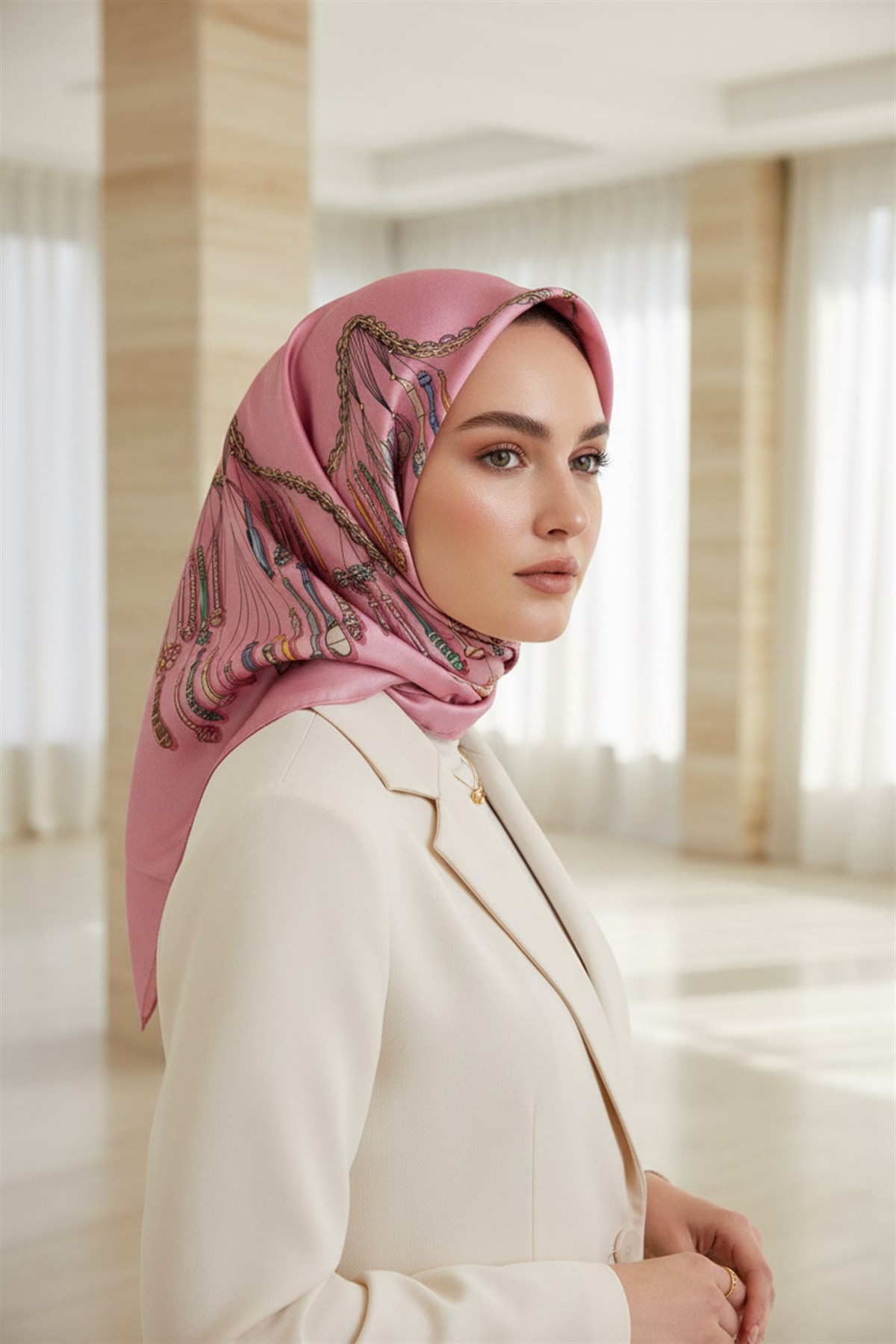 %100 Twill İpek Zincir Desenli Pudra Renkli 90x90 Eşarp Dikim Şekli : El Dikişi