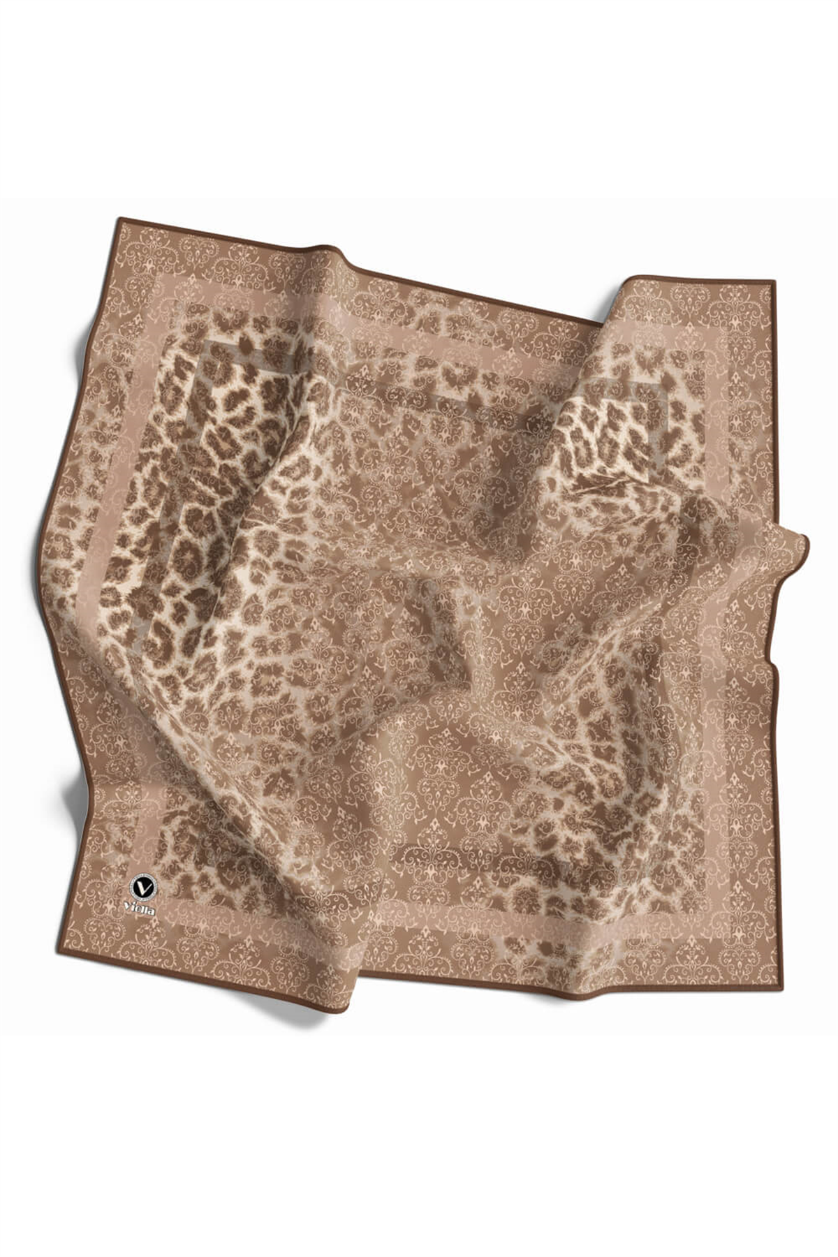 Twill Leopar Desenli Bej Renkli 90x90 Eşarp (İpek İçermez) Kenar Dikiş Şekli El Dikişli