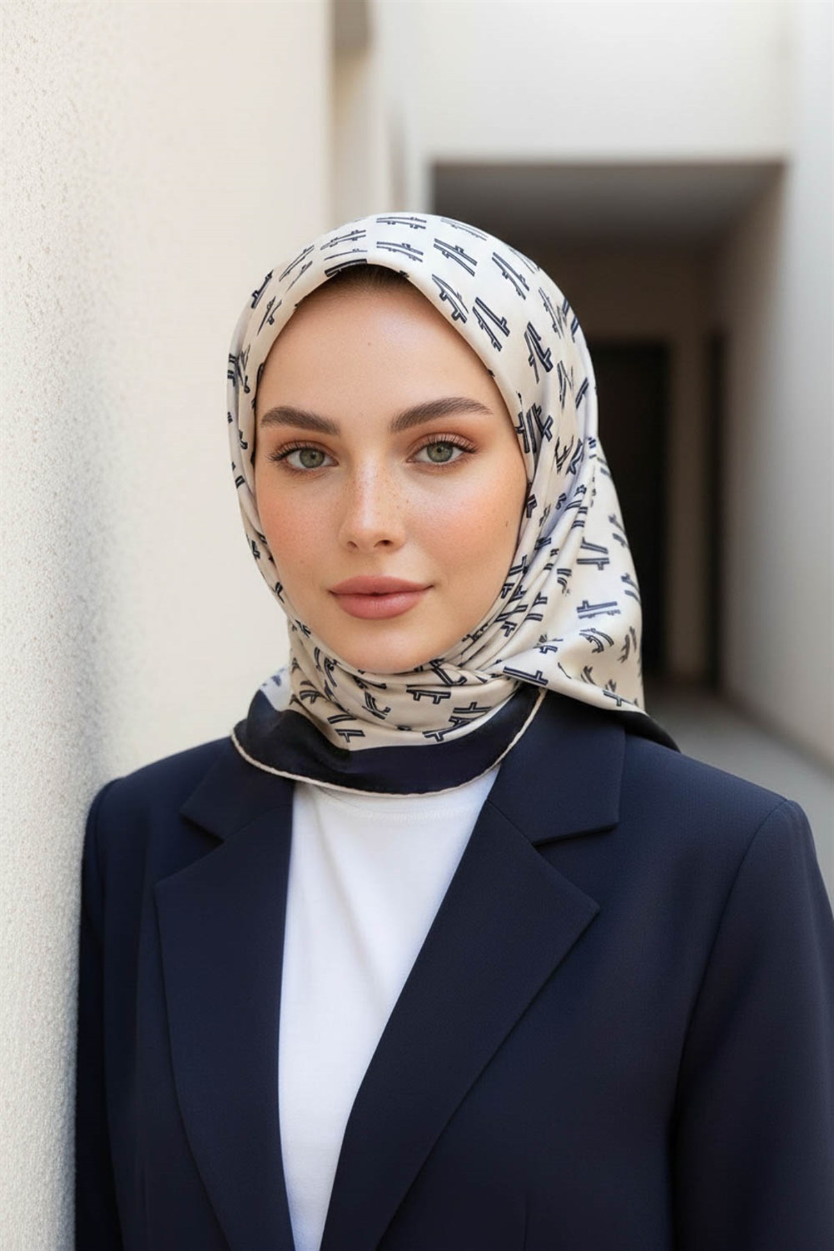 % 57 İPEK % 43 VİSKON Twill İpek Geometrik Desenli Krem - Lacivert Renkli 90x90 Eşarp Dikim Şekli : El Dikişi