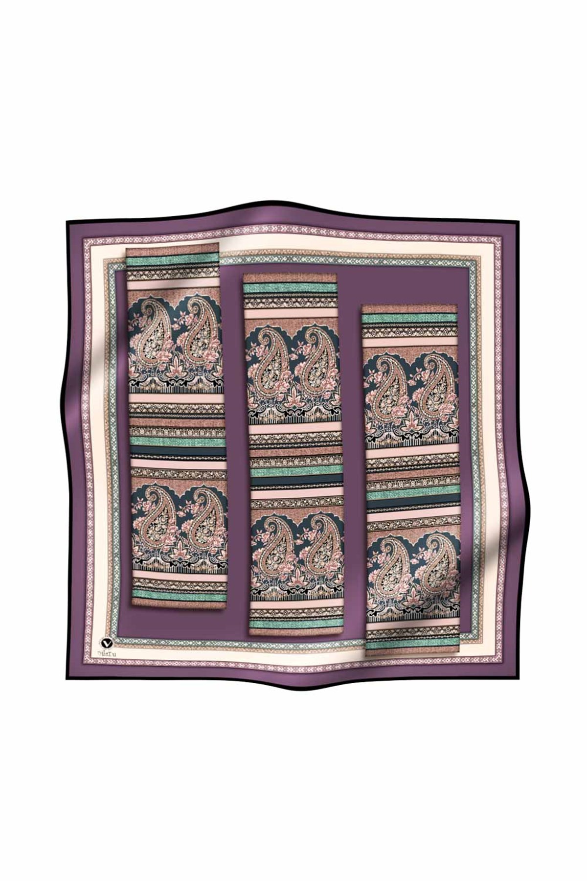 Twill Şal Desenli Lila Renkli 90x90 Eşarp (İpek İçermez) Kenar Dikiş Şekli El Dikişli