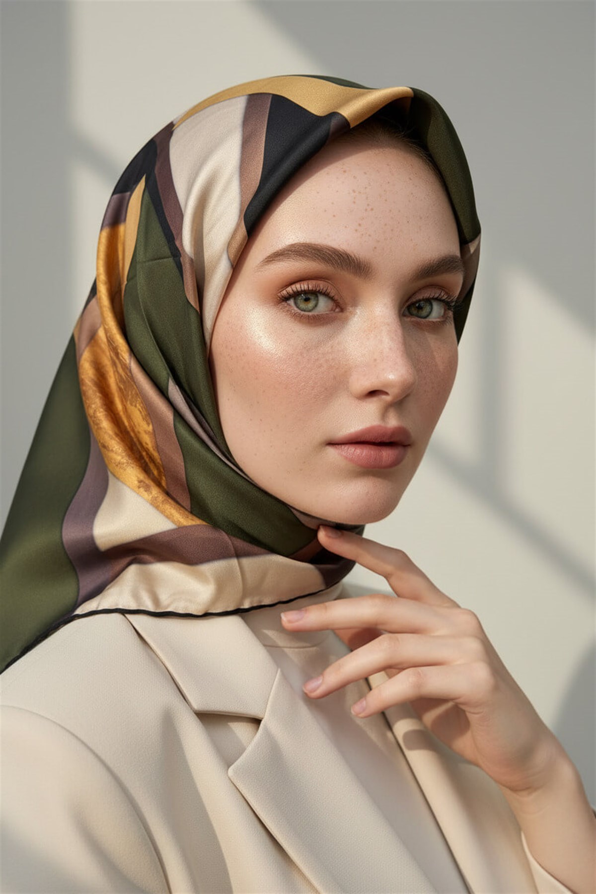 %100 Twill İpek Dokulu Ve Geometrik Desenli Gold - Haki Renkli 90x90 Eşarp Dikim Şekli : El Dikişi