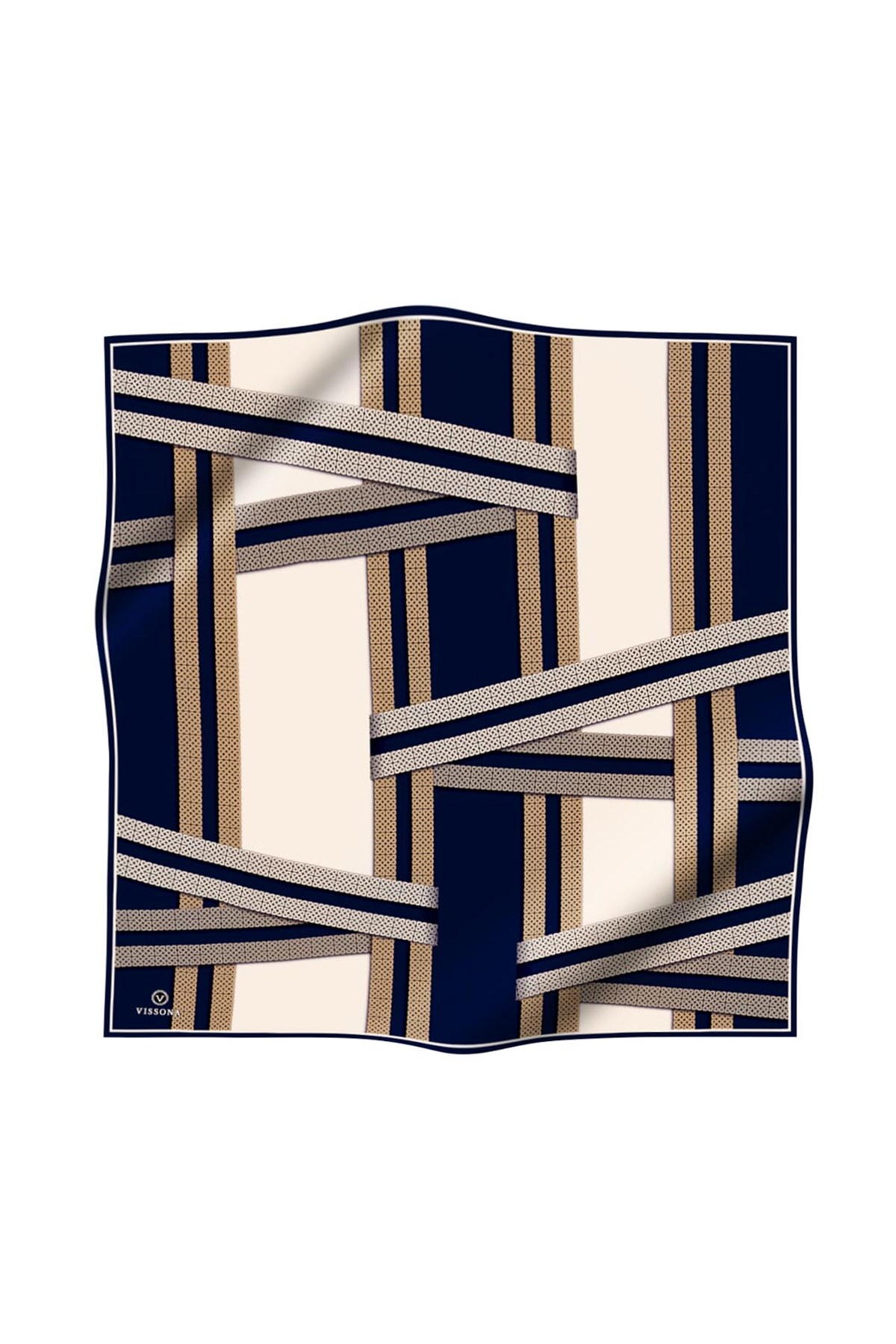 % 57 İPEK % 43 VİSKON Twill İpek Geometrik Desenli Lacivert - Krem Renkli 90x90 Eşarp Dikim Şekli : El Dikişi