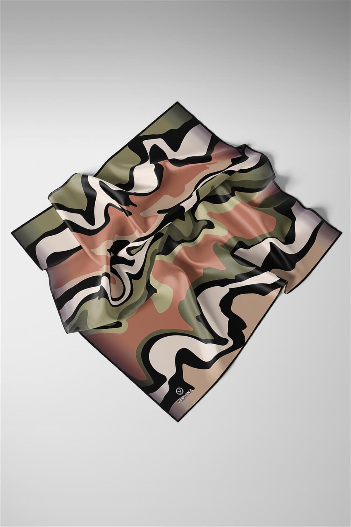 100% Twill İpek Dalga Desenli Bakır - Haki Renkli 90x90 Dikim Şekli : El Dikişi Eşarp