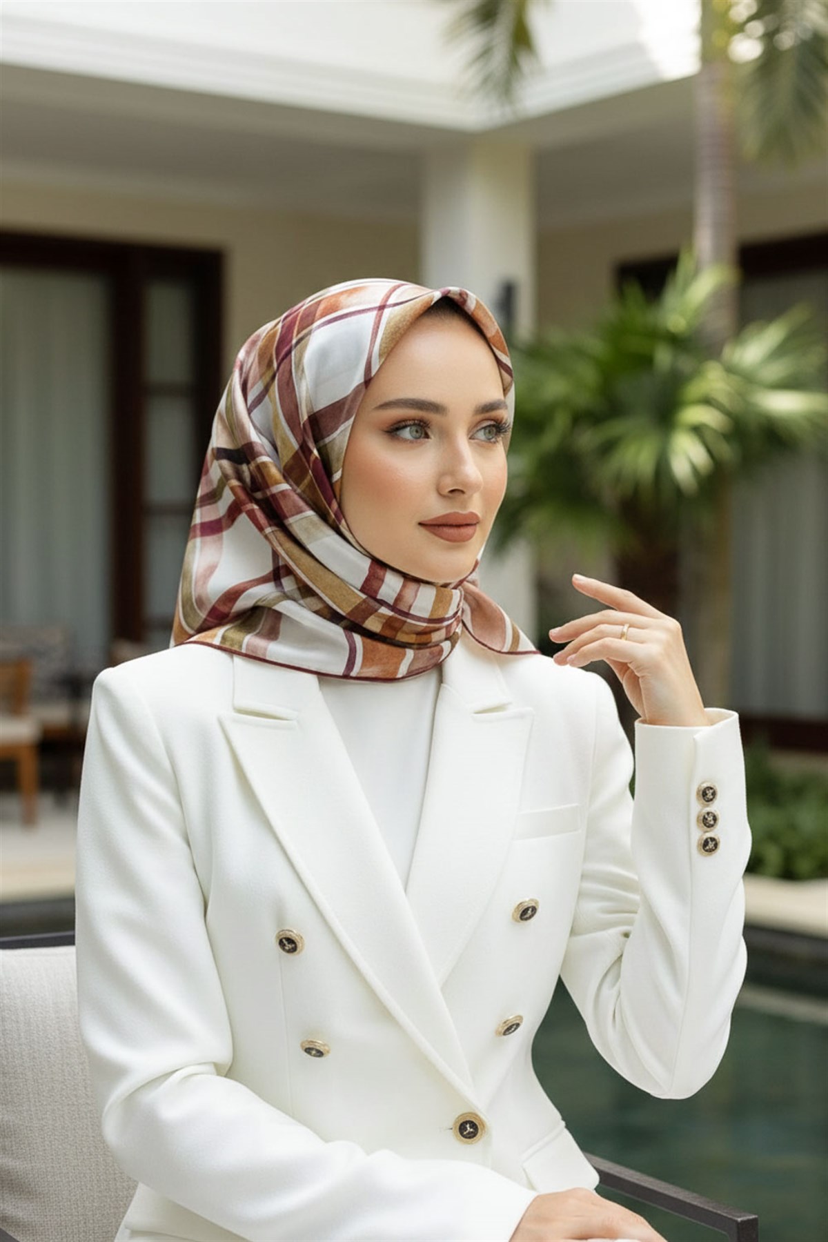 %100 Twill İpek Ekose Desenli Bordo - Haki Renkli 90x90 Eşarp Kenar Dikiş Şekli El Dikişli