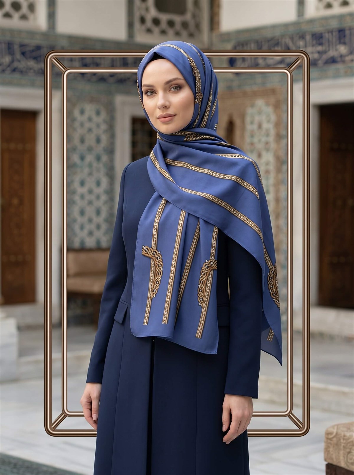 KREP ZİNCİR DESENLİ İNDİGO RENKLİ 75X195 KIRIŞMAZ ŞAL