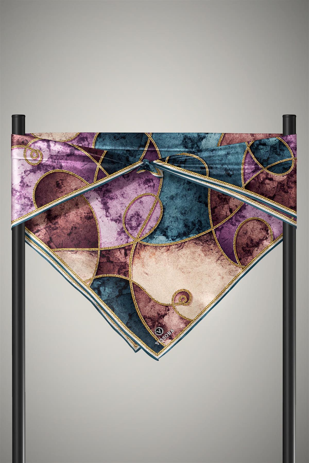 %100 Twill İpek Zincirli Mermer Desenli Petrol Yeşili - Lila Renkli 90x90 Eşarp Dikim Şekli : El Dikişi