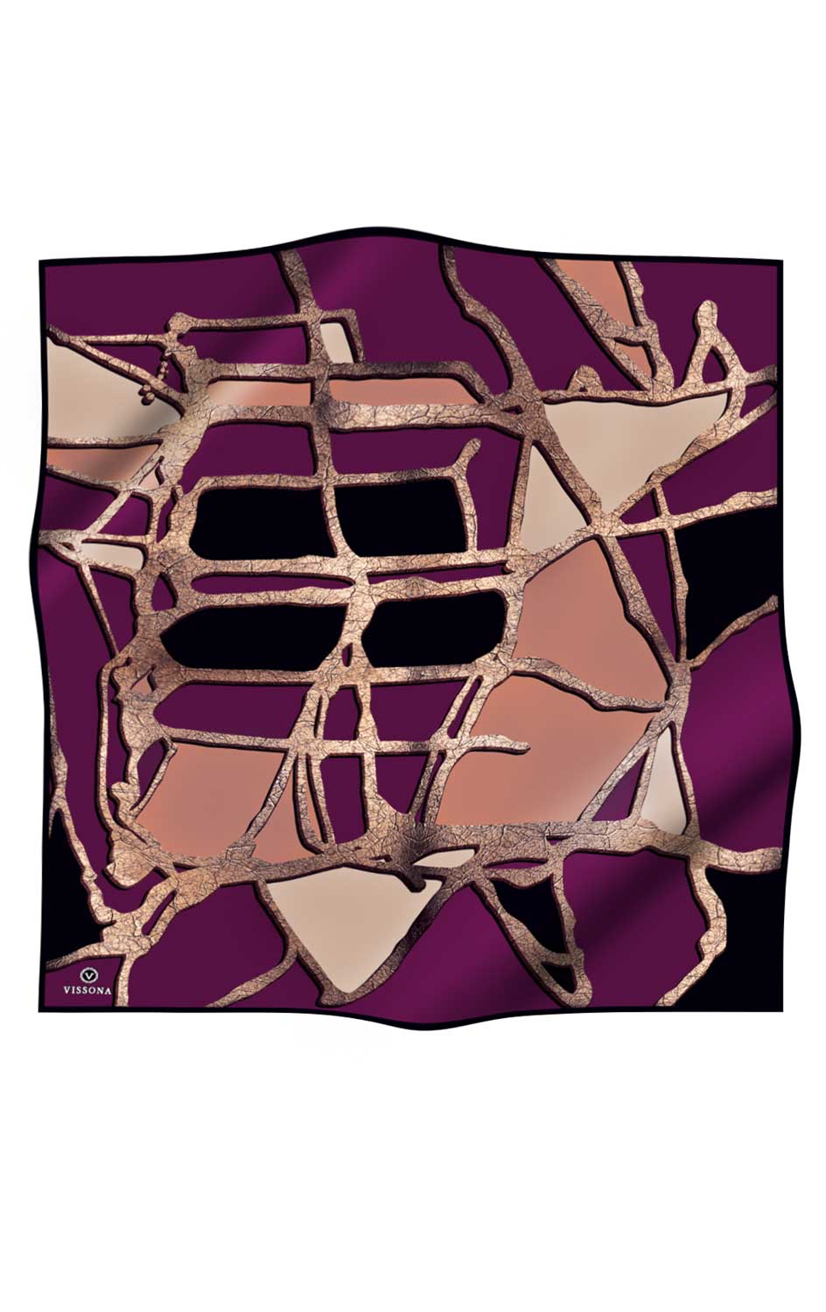 % 57 İPEK % 43 VİSKON Twill İpek Gold Efektli Geometrik Desenli Mürdüm - Siyah Renkli 90x90 Eşarp Dikim Şekli : El Dikişi