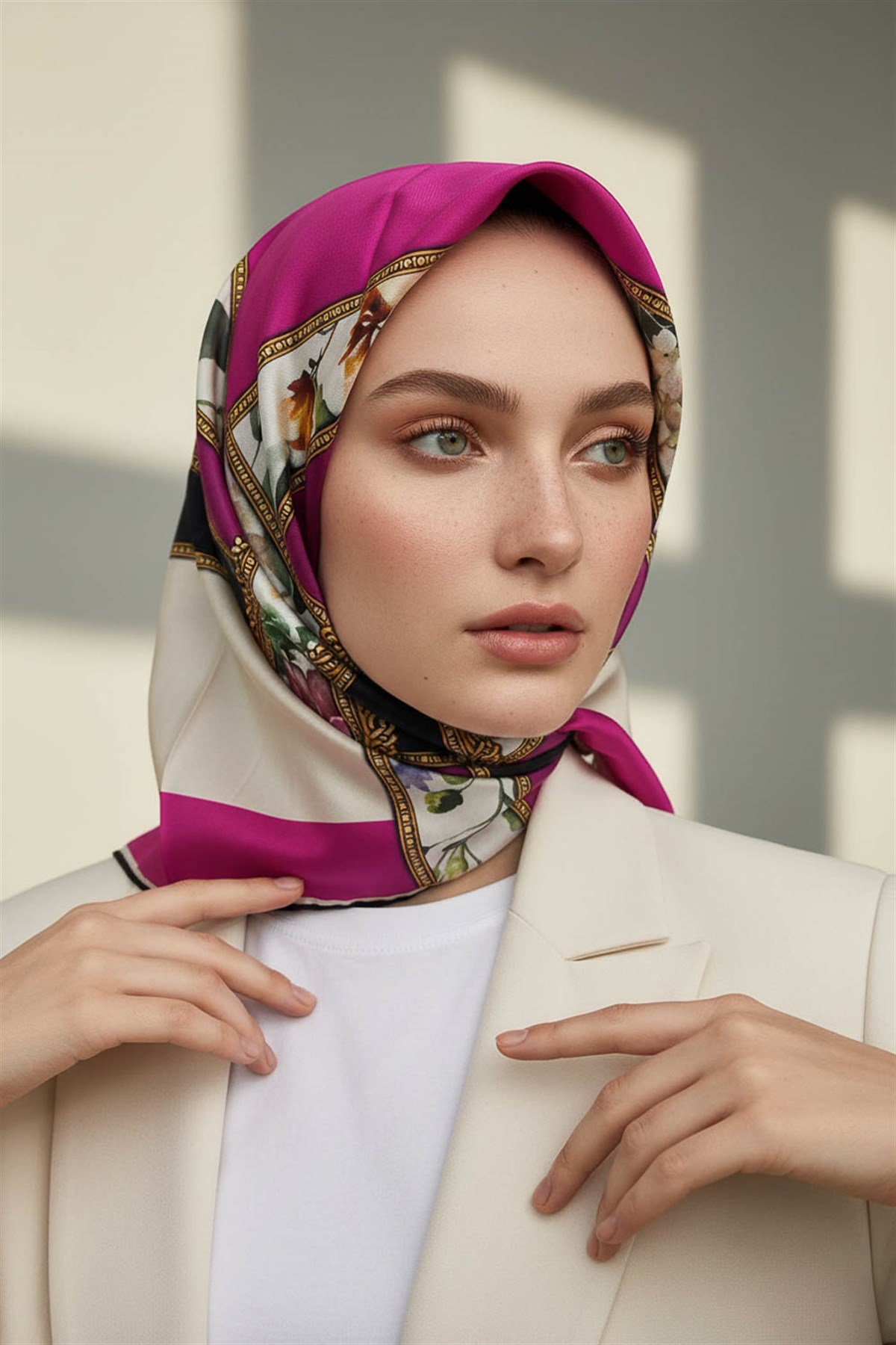 100% Twill İpek Şeritli Çiçek Desenli Fuşya - Krem Renkli 90x90 Dikim Şekli : El Dikişi Eşarp