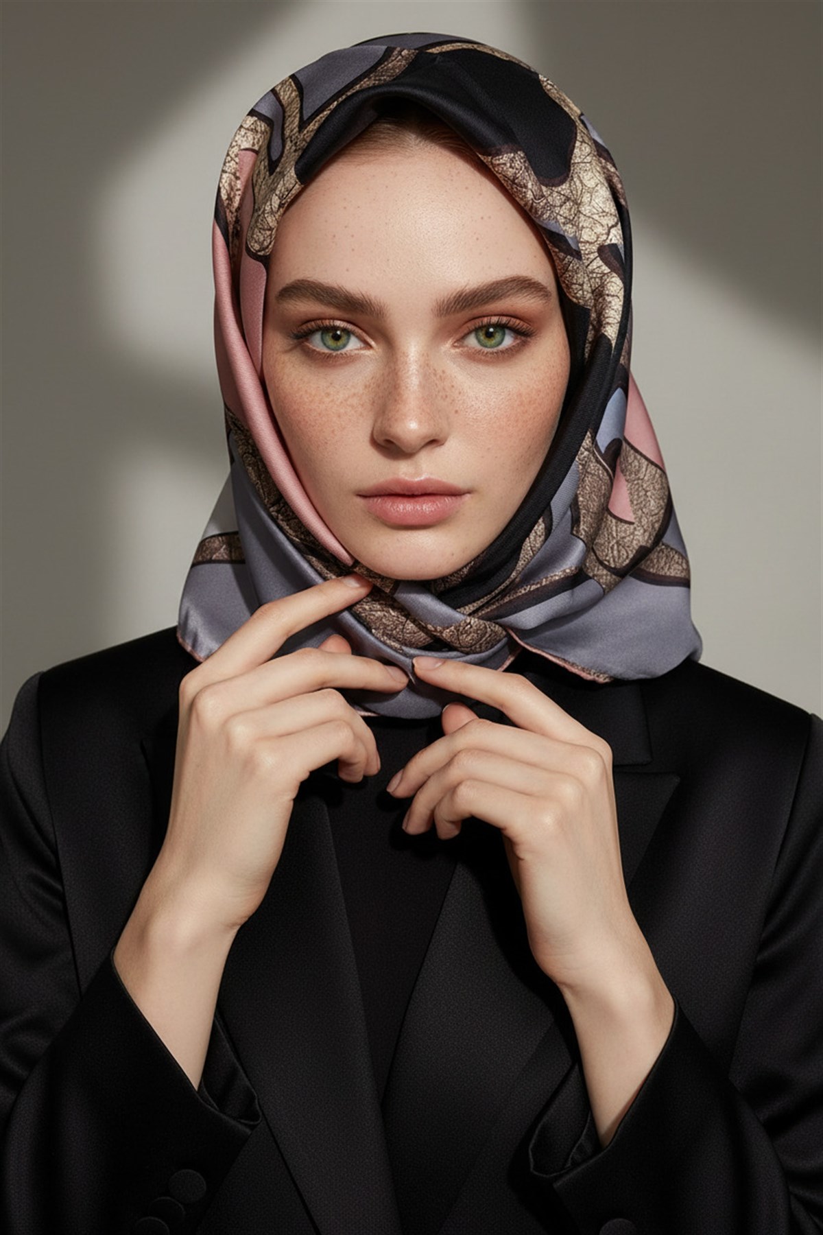% 57 İPEK % 43 VİSKON Twill İpek Gold Efektli Geometrik Desenli Gri - Pudra Renkli 90x90 Eşarp Dikim Şekli : El Dikişi